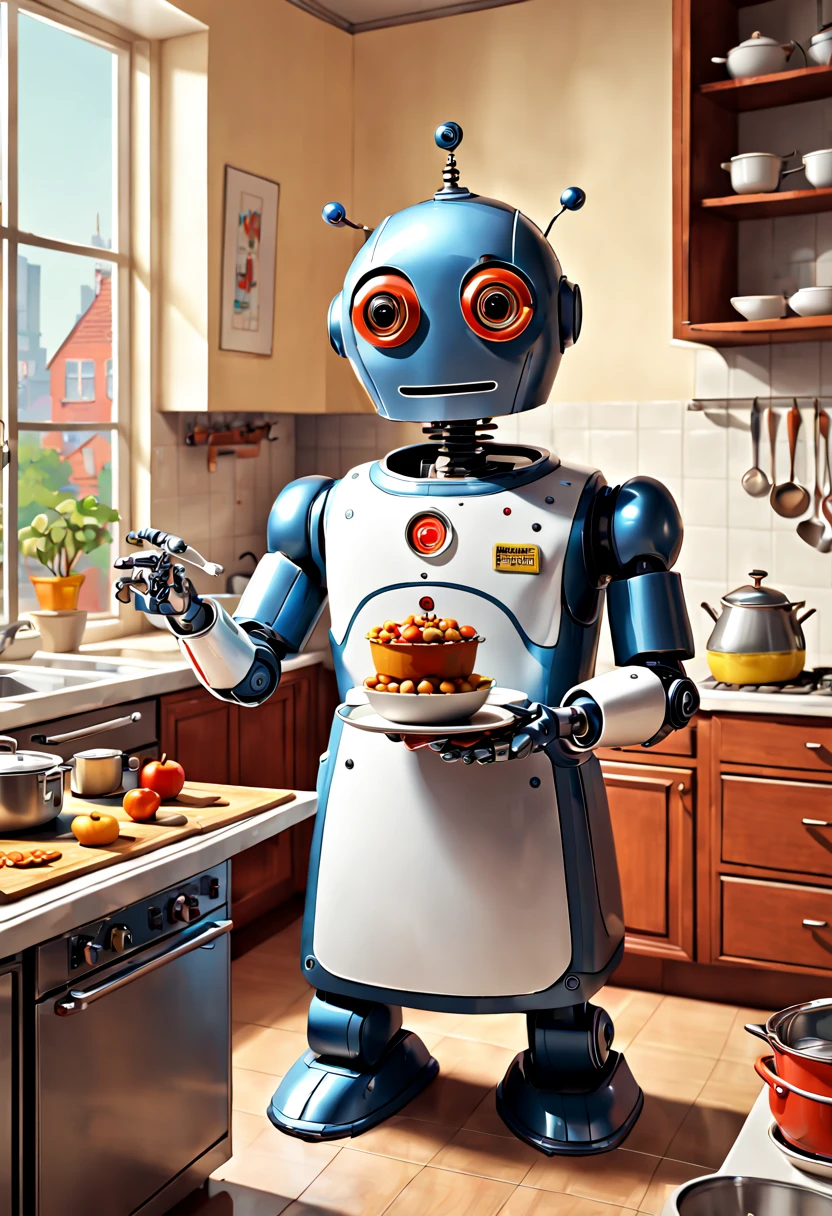 a Robot butler, cooking, by Richard Scarry, enhance, intricate, (best quality, masterpiece, Representative work, official art, Professional, unity 8k wallpaper:1.3)