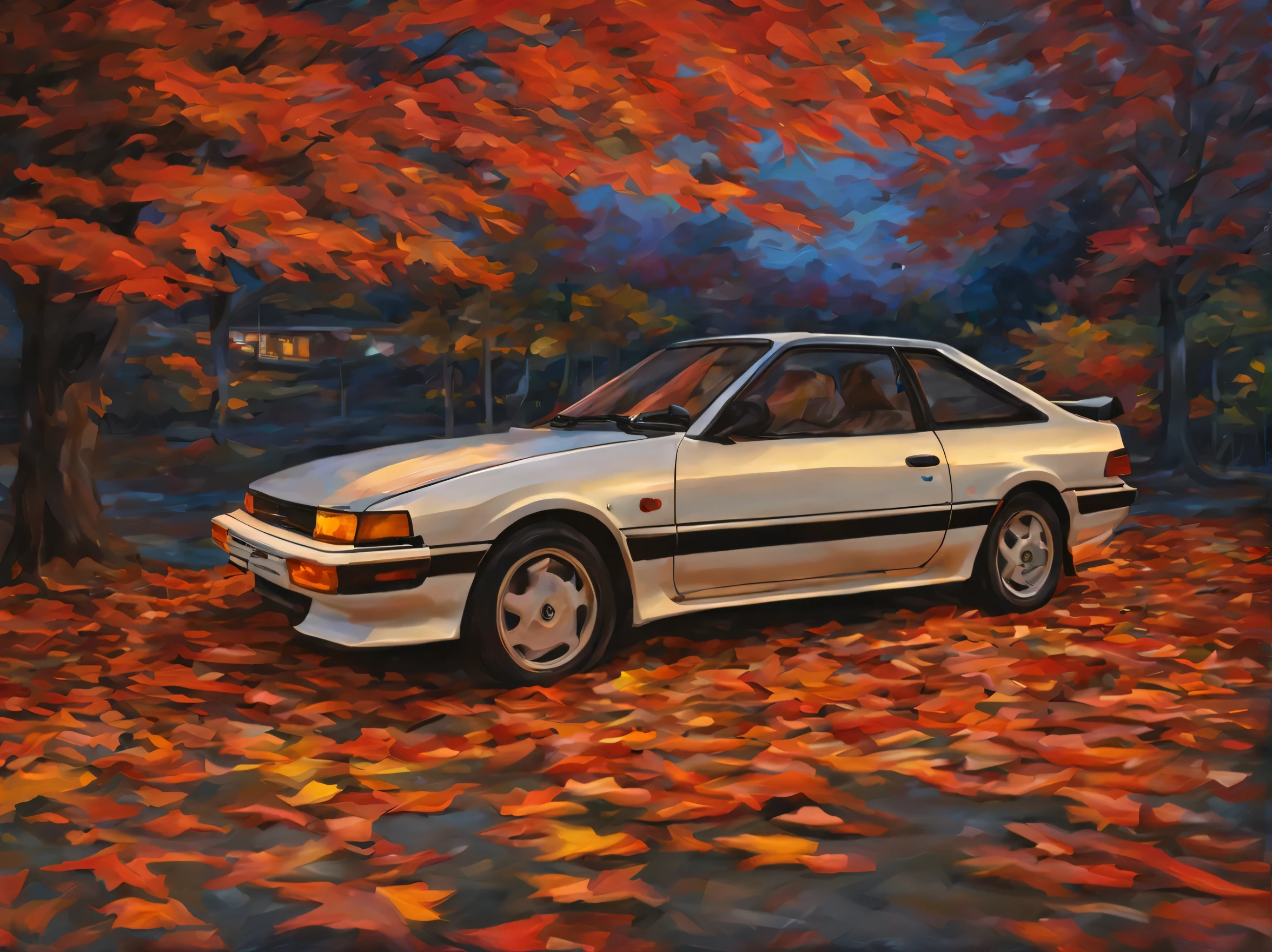 eine Nachtfahrt mit dem Toyota Trueno, Winter white, Herbstlaub, Zeitlupe, Zeitraffer, Weitwinkelobjektiv, HDR-Kamera, Jiazu Sugiyama, lisekil, Japan, traditional martial arts, Handgezeichnet, Oil on canvas --ar 3:2