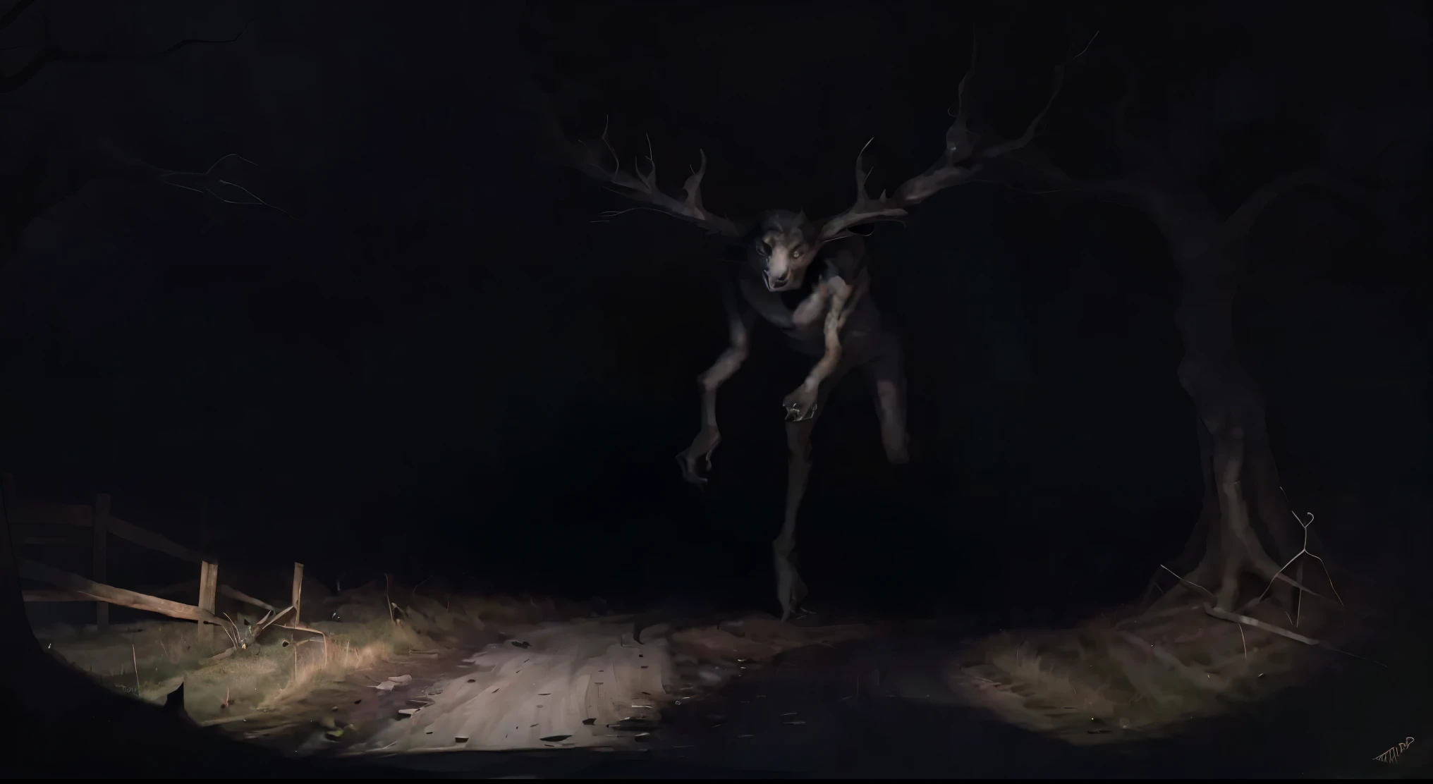 Werewolf, Stag monster, dark forest, night, deep forest, far rang, horror, horrifying, horrible look, full body, standing in two legs, behind tree branches, looking weird, shadow, dark place, camera shot, photography, photoshoot