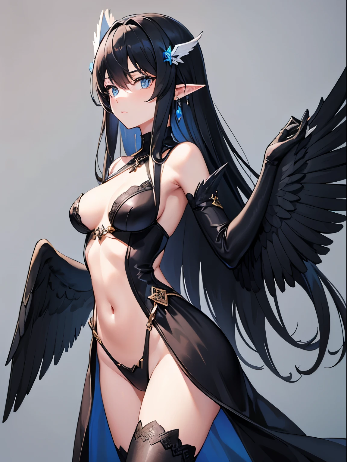 4K,A high resolution,solo person,black color hair,long whitr hair,light blue  eyes,Eagle Banshee,Black wings,jewelry ornaments,a beauty girl,pointy ears,eagle claws