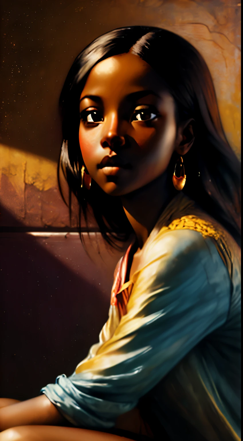 ((Centered,Solo Beautiful Sudanese black woman with dark skin, realistic striking eyes1:1)), casual shirt, mid shot, low angle, sitting against a colorful shadowed painted bedroom wall, art by akihiko yoshida, manga art style, colorfield illustration, mysterious atmosphere, global illumination, by frank frazetta, by goro fujita, blur, anime key visual, (blue, yellow and peach colors), photorealistic, golden ratio, dramatic, long black hair, UHD, intricately detailed, chiaroscuro, pino daeni, impressionist