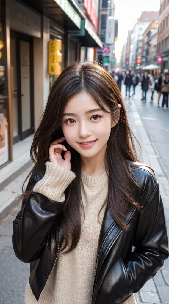 quality、image quality、8K分辨率、cute women，chineseidol，ar old，with perfect style、combed brown hair，Long hair detailclusive leather jacket、Light colored sweaters、the street、The smile is bright, Detailed faces, 詳細な目,