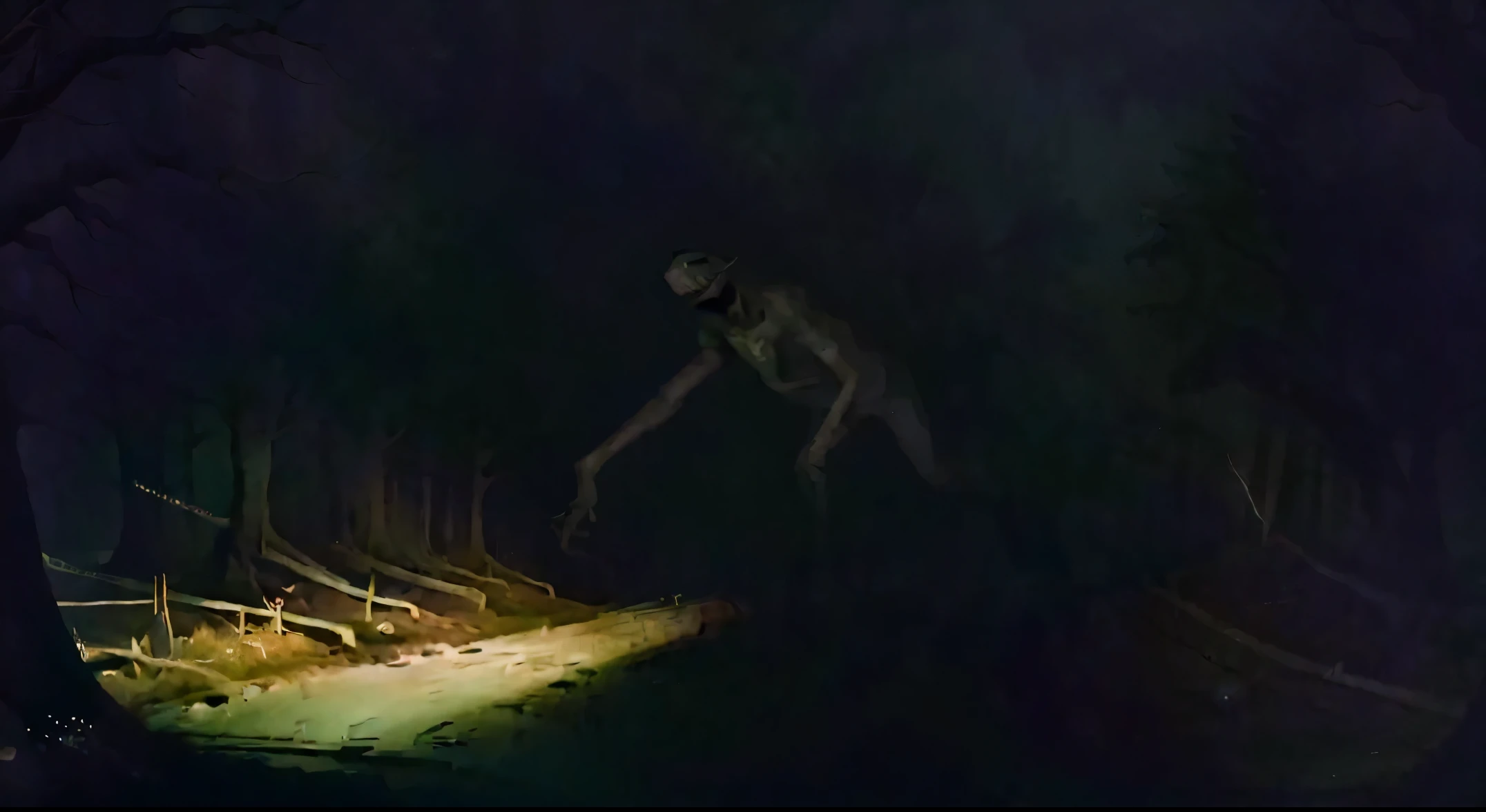 Werewolf, Stag monster, dark forest, night, deep forest, far rang, horror, horrifying, horrible look, full body, standing in two legs, behind tree branches, looking weird, shadow, dark place, camera shot, photography, photoshoot