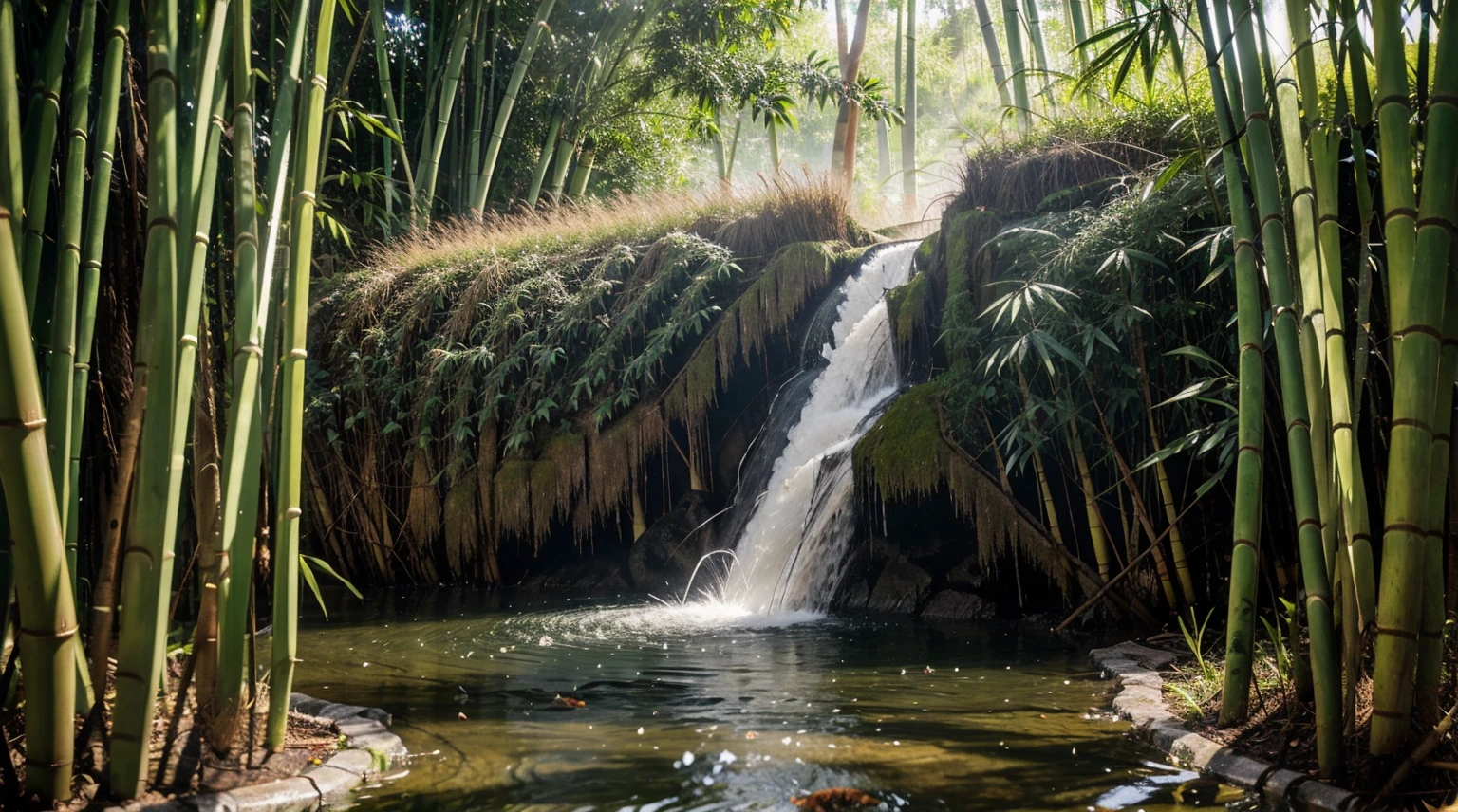 Water gushes through the green bamboo hole
