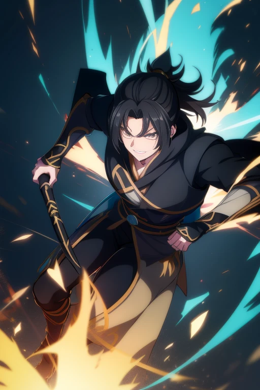 Anime boy with black hair and black clothes,male people，Long gray hair，gold eyes，high ponytails，gilgamesh, grand order of destiny, style anime, 像destiny一样/spend the night with, destiny / spend the night with, Portrait of a magical blond prince, handsome anime pose, Fate still stays at night, joseph joestar, male people动漫人物, By Anime Painter Studio, 8K!