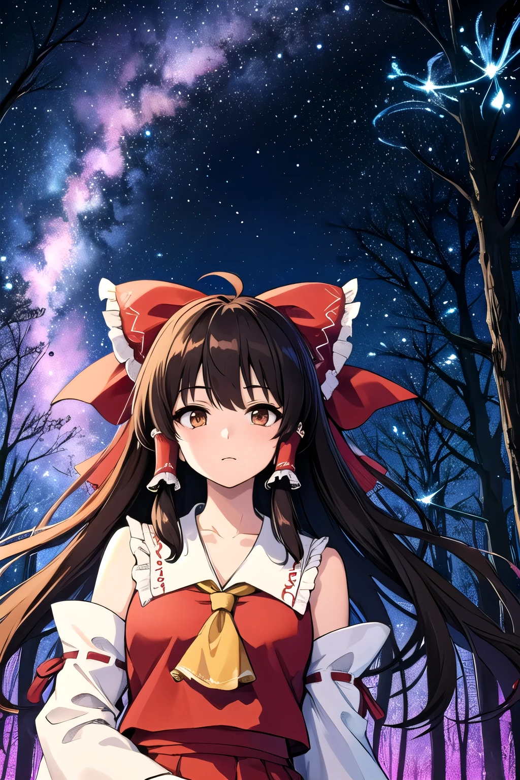 detailed background, masterpiece, best quality, 1girl, hakurei reimu, brown hair, hair tubes, hair ribbon, brown eyes, a forest full of purple and white trees, fireflies, purple theme, white theme, stars, milky way, cloudy, touhou project