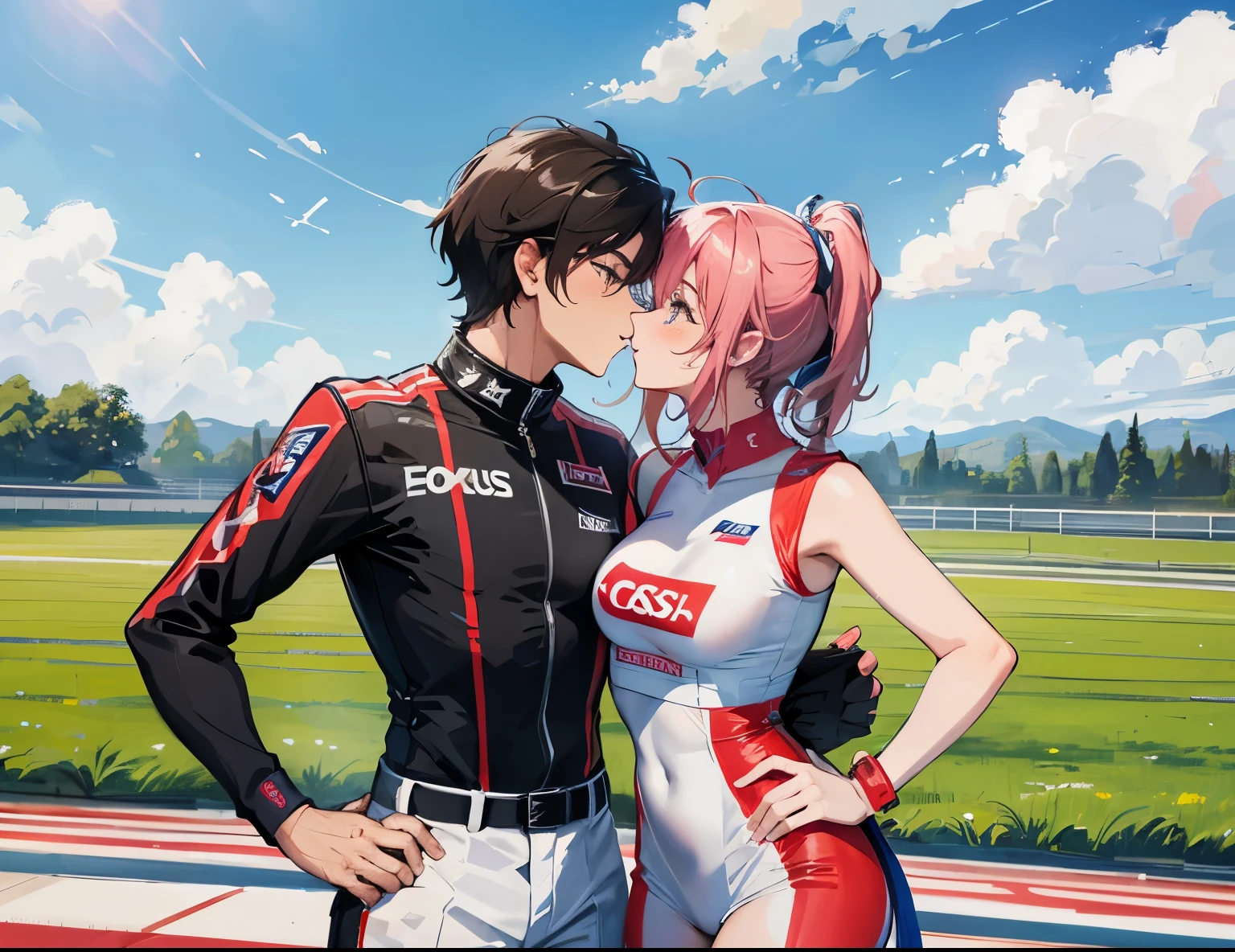 A couple (male and female), kiss in racing track, cupping cheeks, bring a pole with a flag, racing outfit,happy, happy_atmosphere,landscape