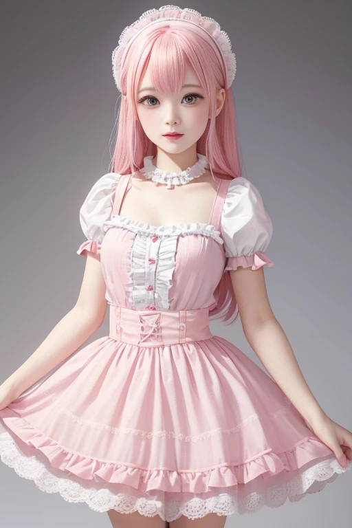 Super delicate and cute girl with pink hair and Lolita skirt. 8K ultra-high image quality, fine texture, with a pure white background.