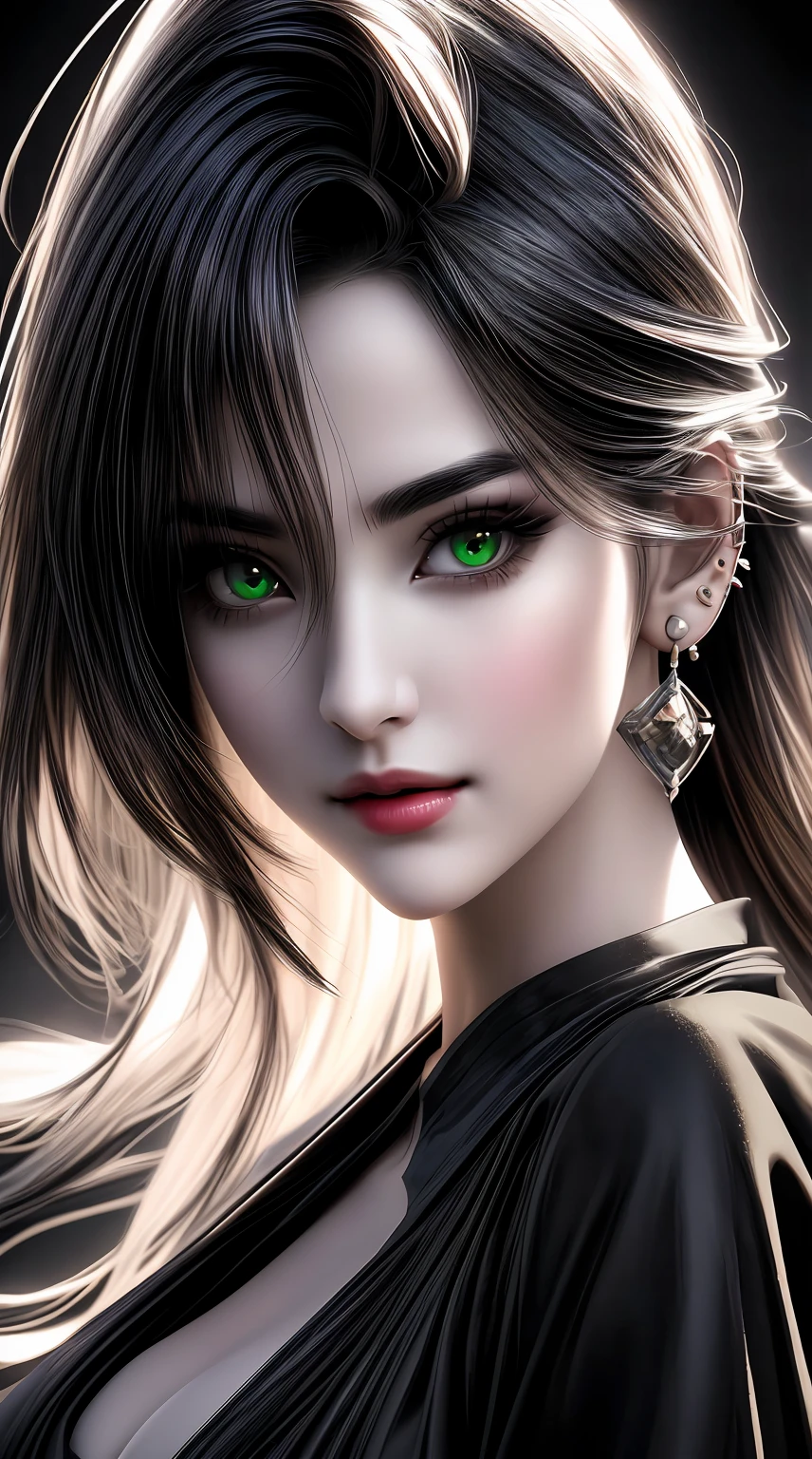 (best quality,4k,8k,highres,masterpiece:1.2), ultra-detailed, (realistic,photorealistic,photo-realistic:1.37), close up portrait, good looking, demon with green eyes, good looking fit woman, member of the kure clan, small black horns, kengan ashura's 180, vibrant colors, sharp focus, fine art, dark atmosphere, intense gaze, flawless skin, glossy lips, radiant smile, mystical aura, elegant hairstyle, piercing eyes, expressive eyebrows, ethereal beauty, enchanting presence, mesmerizing expression, captivating appearance, powerful aura, seductive charm, dynamic lighting, dramatic shadows, supernatural elements
