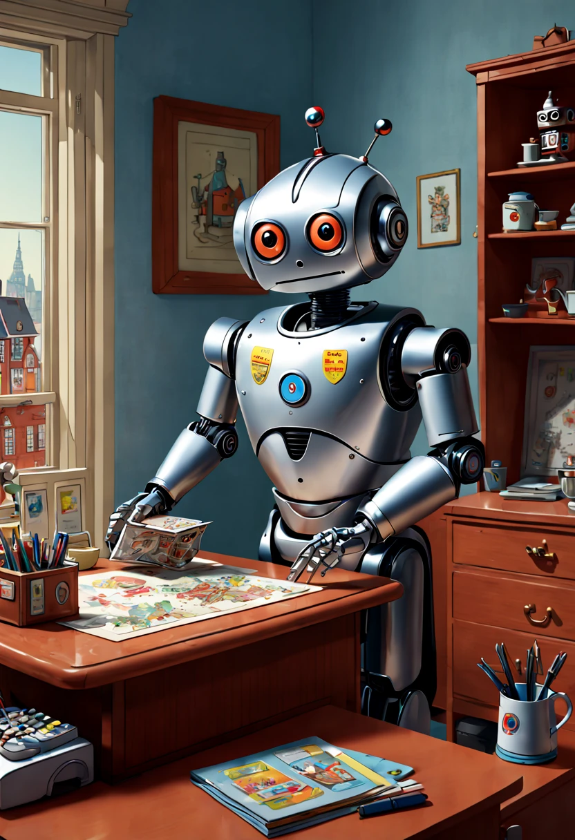 a Robot butler, Desk working, by Richard Scarry, enhance, intricate, (best quality, masterpiece, Representative work, official art, Professional, unity 8k wallpaper:1.3)
