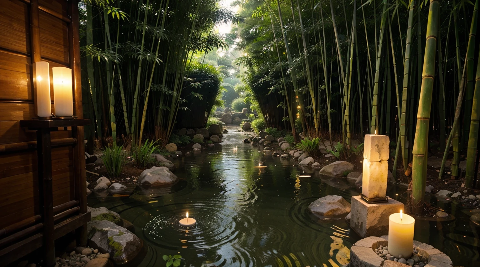 Water flows at the end of the bamboo, the atmosphere is green, there are stones arranged, there are candles beside the stones,