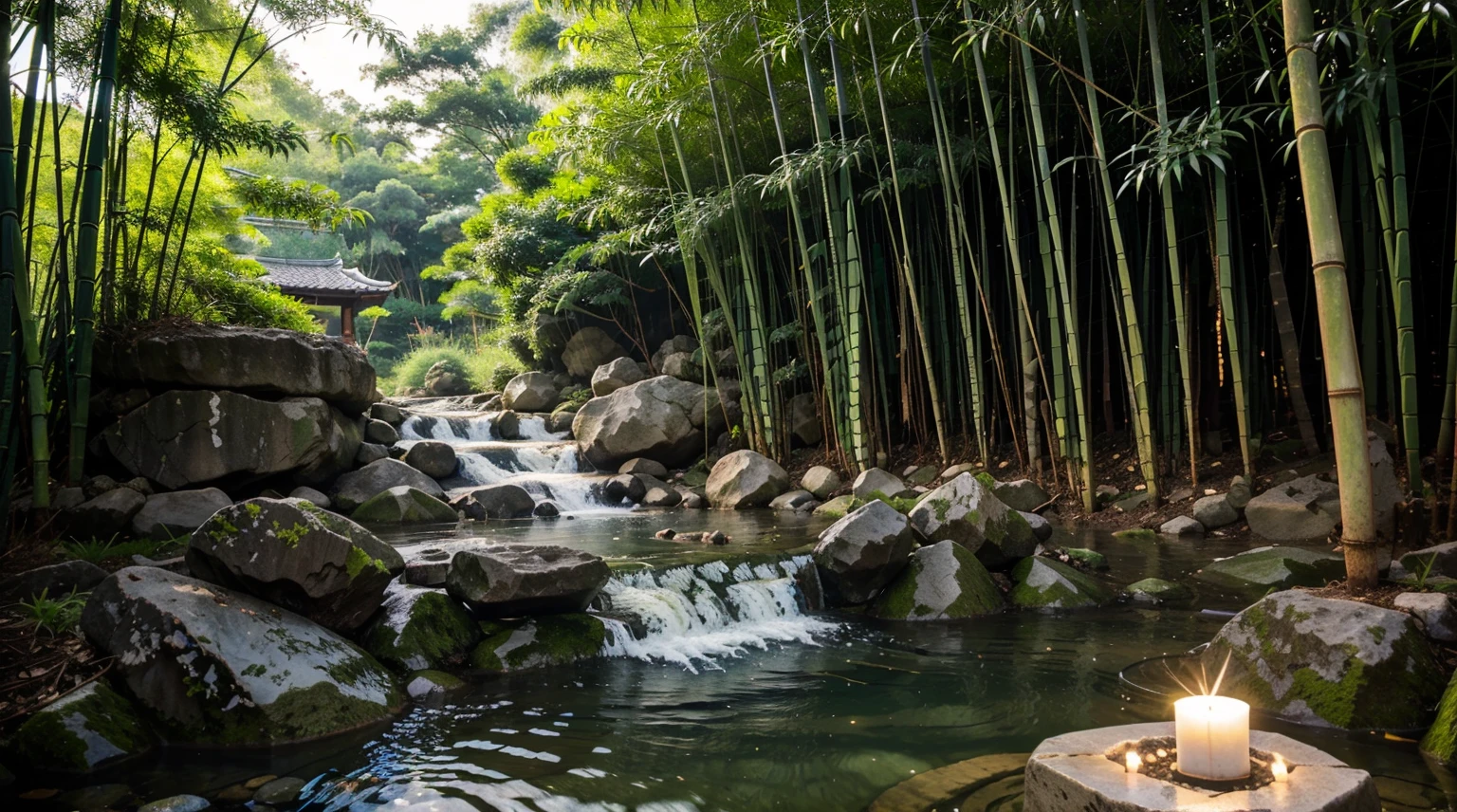 Water flows at the end of the bamboo, the atmosphere is green, there are stones arranged, there are candles beside the stones,