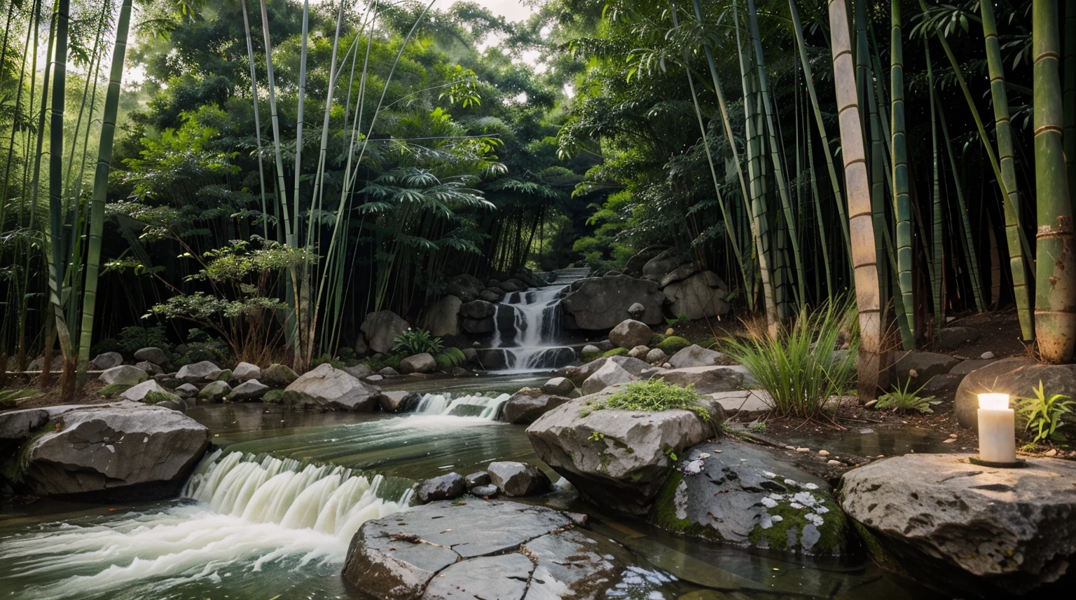 Water flows at the end of the bamboo, the atmosphere is green, there are stones arranged, there are candles beside the stones,