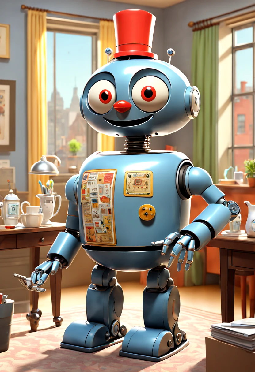 Robot butler, by Richard Scarry, enhance, intricate, (best quality, masterpiece, Representative work, official art, Professional, unity 8k wallpaper:1.3)