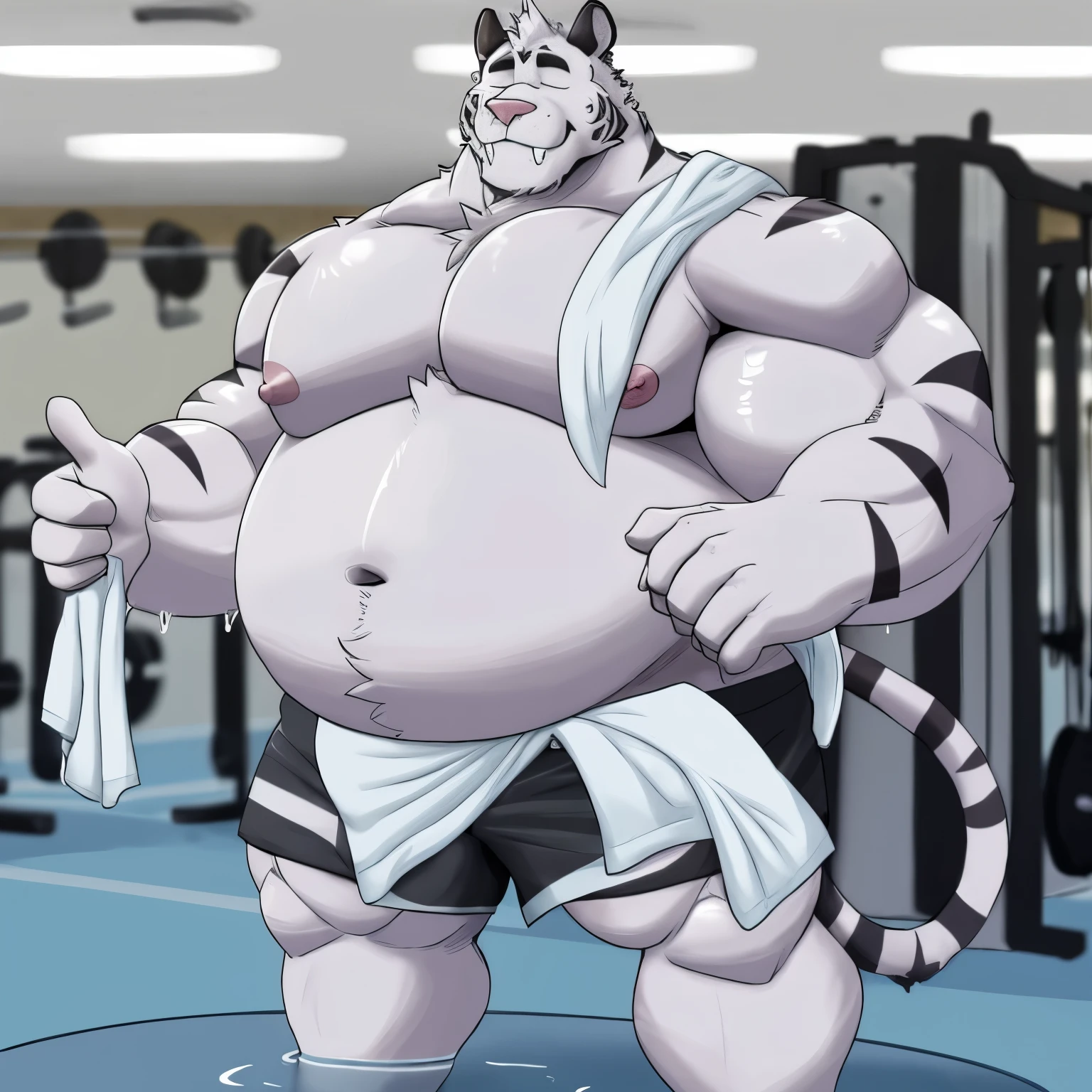 axel cosmas , solo, towel on shoulder,black shorts plump, huge, gym background, nipples, big fat belly, big ass, eyes shut, standing, 5 fingers, musclegut body, lineart, normal eyes, wet body, macro body, massive body, huge pecs