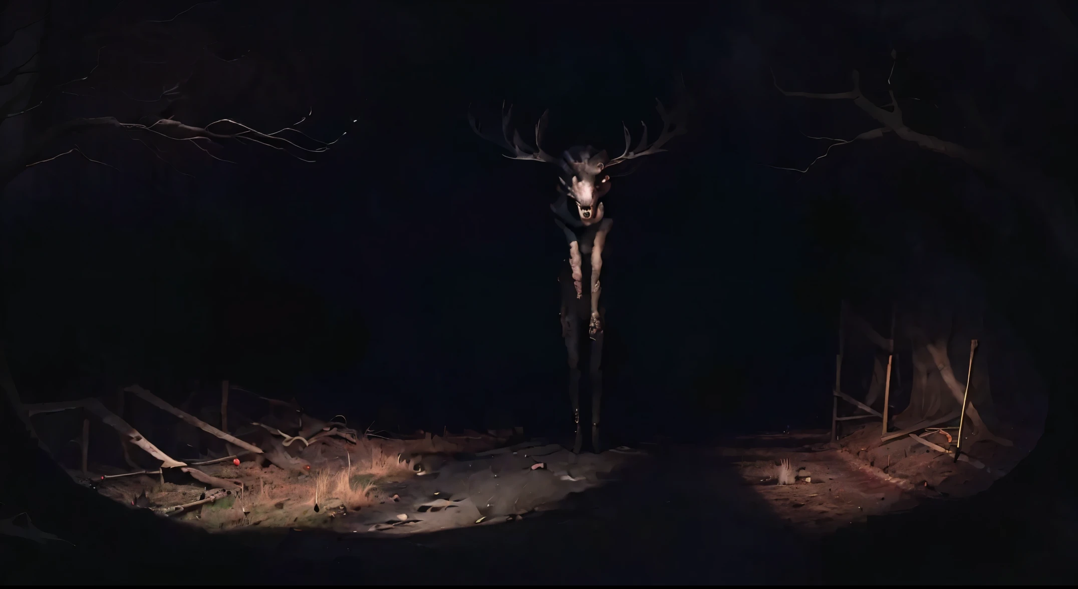 Werewolf, Stag monster, dark forest, night, deep forest, far rang, horror, horrifying, horrible look, full body, standing in two legs, behind tree branches, looking weird, shadow, dark place, camera shot, photography, photoshoot