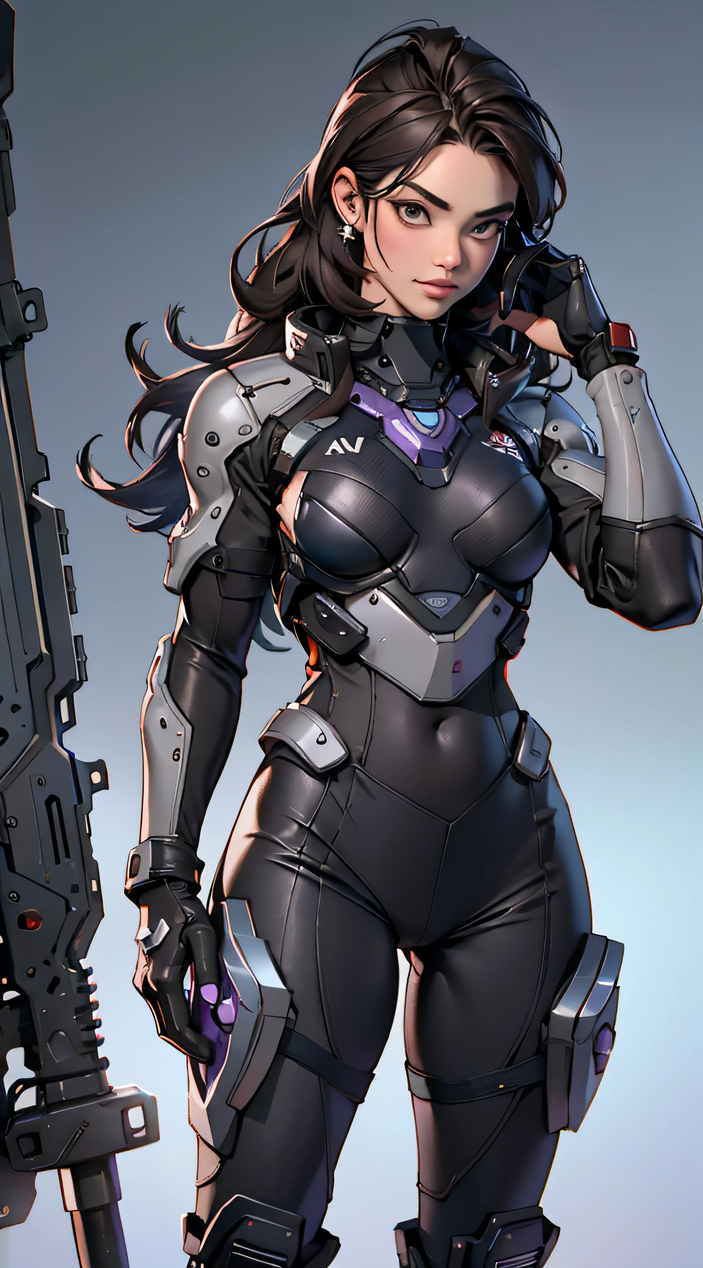 11:23(((Best quality at best: 1.4))),(Unbeatable masterpiece), (hyper HD),(Hyper-realistic 8k CG)、（Wave gestures），（dark colored hair） ((( body))), (((1 girl in))), 25-year-old American soldier with perfect body,,Beautiful and well-groomed face,muscular body:1.2,Solid royal blue jacket with details, (Pictures from head to thighs)， Complex equipment, purpleish color，long trousers，The clothes inside are dark，Clothes with armored metal electronic parts, Poison tattoos )