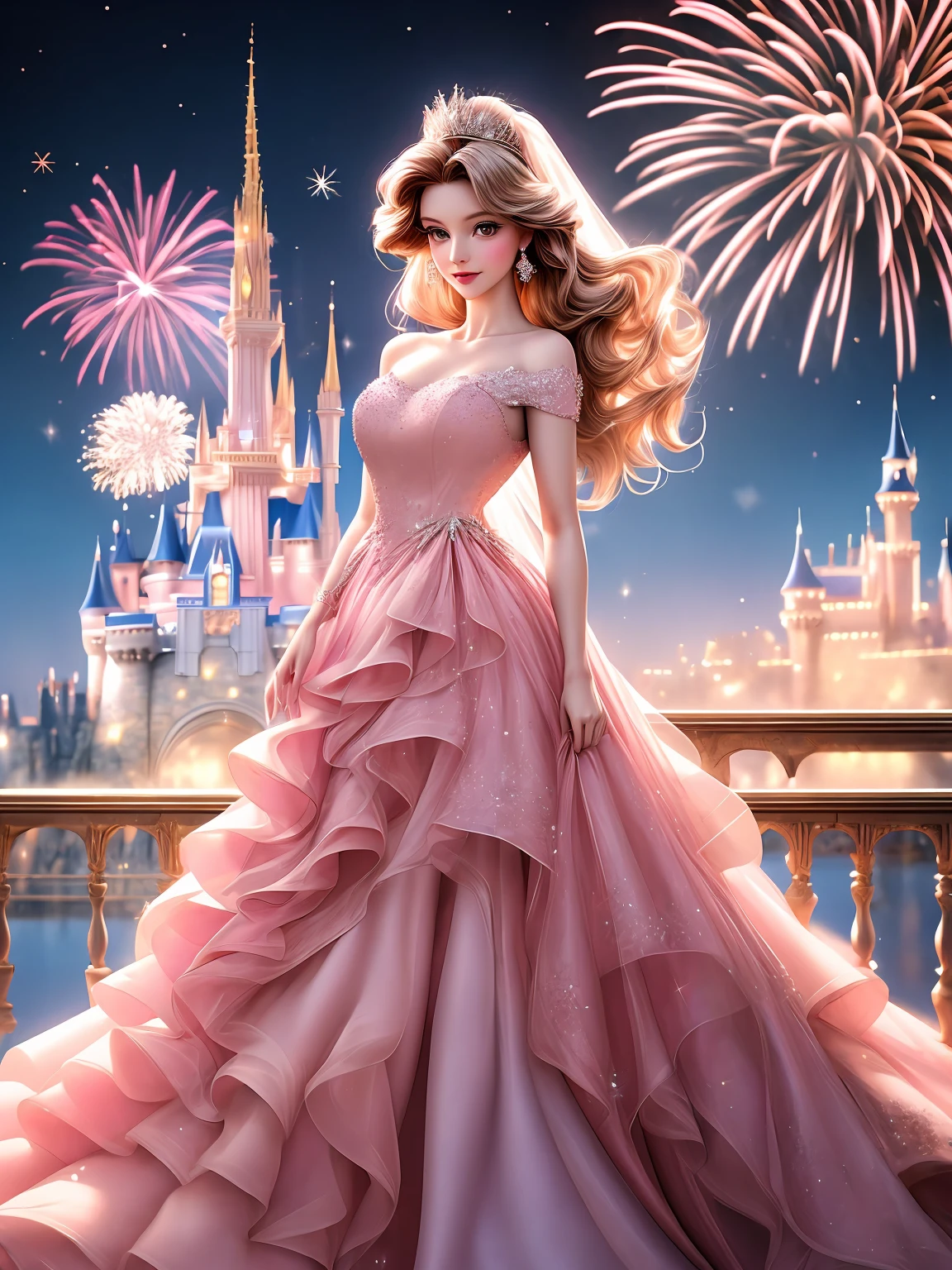 A Disney princess wearing a full body, minimalistic pink high-end wedding dress with one shoulder. The dress is made of high-end fabric and has a super puffy and puffy skirt. The princess stands in front of a beautiful backdrop of Disneyland with shining stars and brilliant fireworks lighting up the sky. The overall color palette is dominated by shades of pink. The princess exudes elegance and grace as she enjoys the magical atmosphere of the park. The prompt should emphasize the best quality, with ultra-detailed and realistic features. The artwork should capture the enchanting essence of Disney princesses while showcasing the intricate details of the dress and the vibrancy of the fireworks.