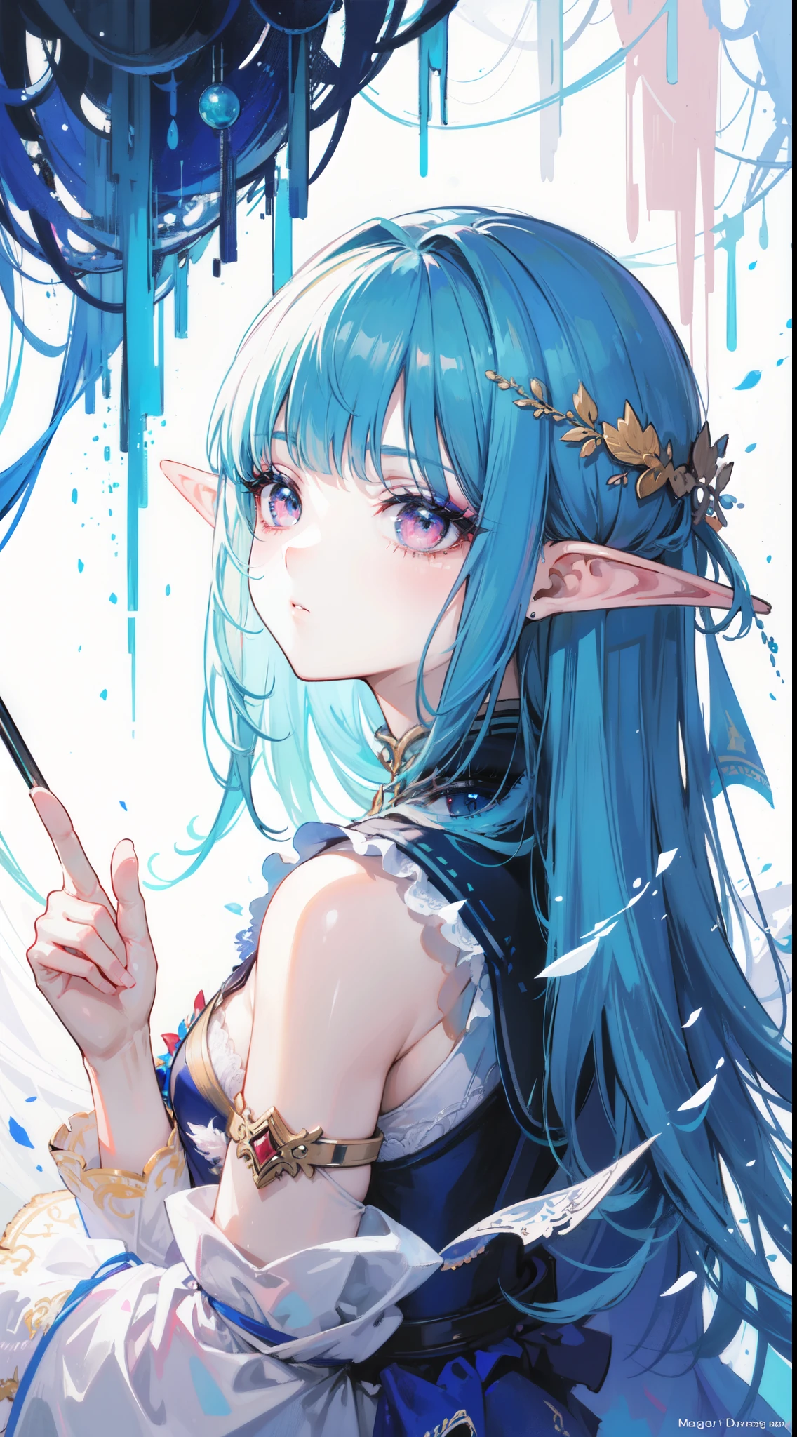 (masterpiece, top quality, best quality, official art, beautiful and aesthetic:1.2), ((elf)), ((1girl)), extreme detailed,(fractal art:1.3),colorful,highest detailed, portrait, from behind,  art by Artgerm, by wadim kashin, by Kawacy, by Yoshitaka Amano, BREAK, (elf), (1girl), solo, perfect face, details eye, Blunt bangs, (hair between eye), eyelashes, eyeshadow, pink eyeshadow,