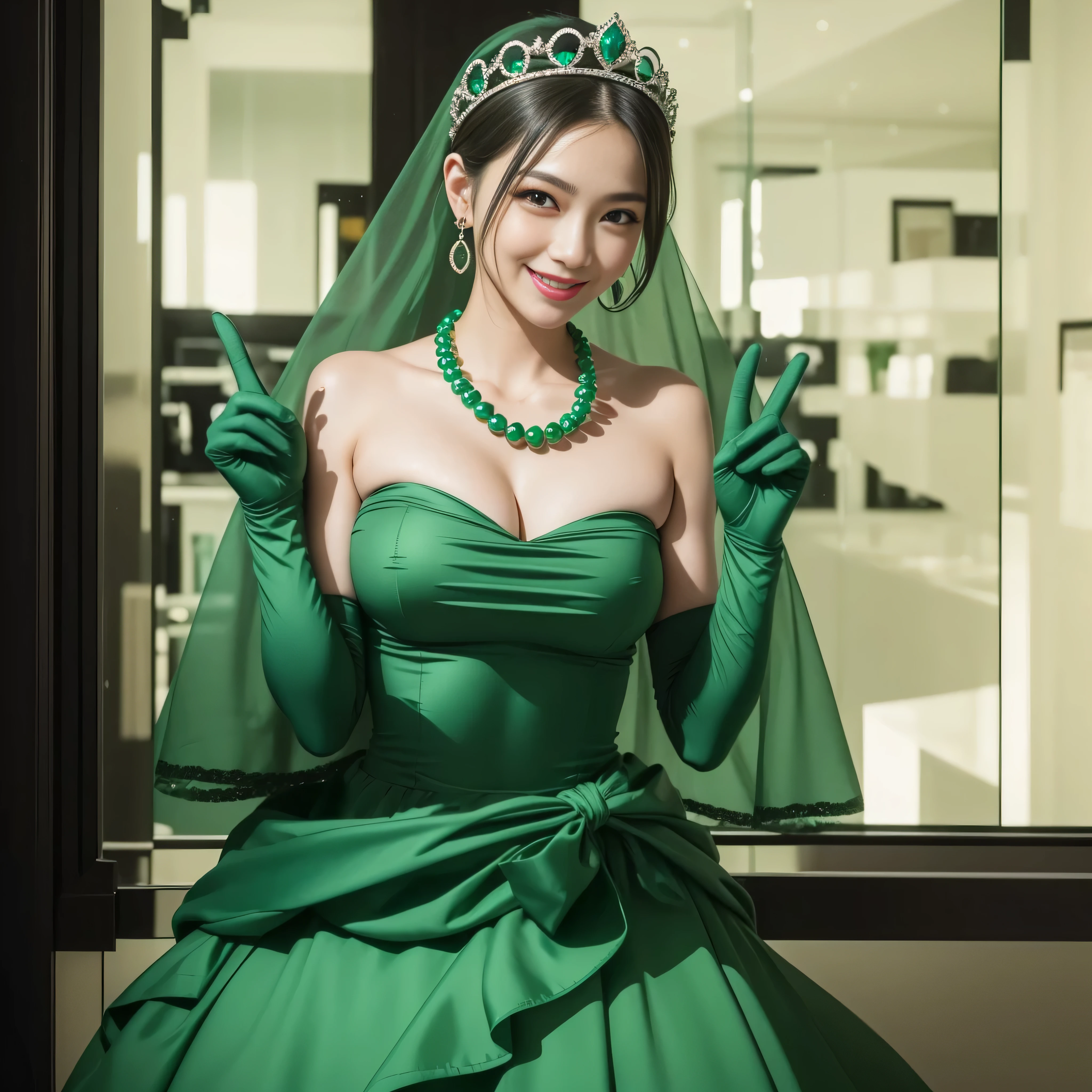 emerald tiara, Green Pearl Necklace, Boyish very short green hair, lipsticks, Japan woman smiling, very short short hair, big breasts beautiful, Green eyes, Long green gloves made of satin material, Green eyes, Emerald Earrings, green vale, v sign