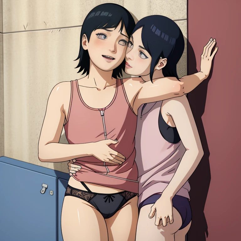 absurdres, highres, ultra detailed, (2girls:1.2), {Sarada, shorter in height, Balck hair, short hair. In her adorable underwear}(single sidelock:1.2), [Hinata, taller in height, long hair, blueish hair. nervous, Underwear, bra and panties laces,] {Lauren phillips lifting alice Merchesi \(meme\),} looking at another, blush, yuri, eye contact, huge height difference, smile, ass, kabedon, standing, against wall, pinned against the wall. Yuri kissing, full body, Locker room background,