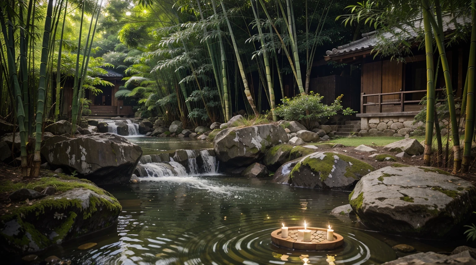 Water flows at the end of the bamboo, the atmosphere is green, there are stones arranged, there are candles beside the stones,