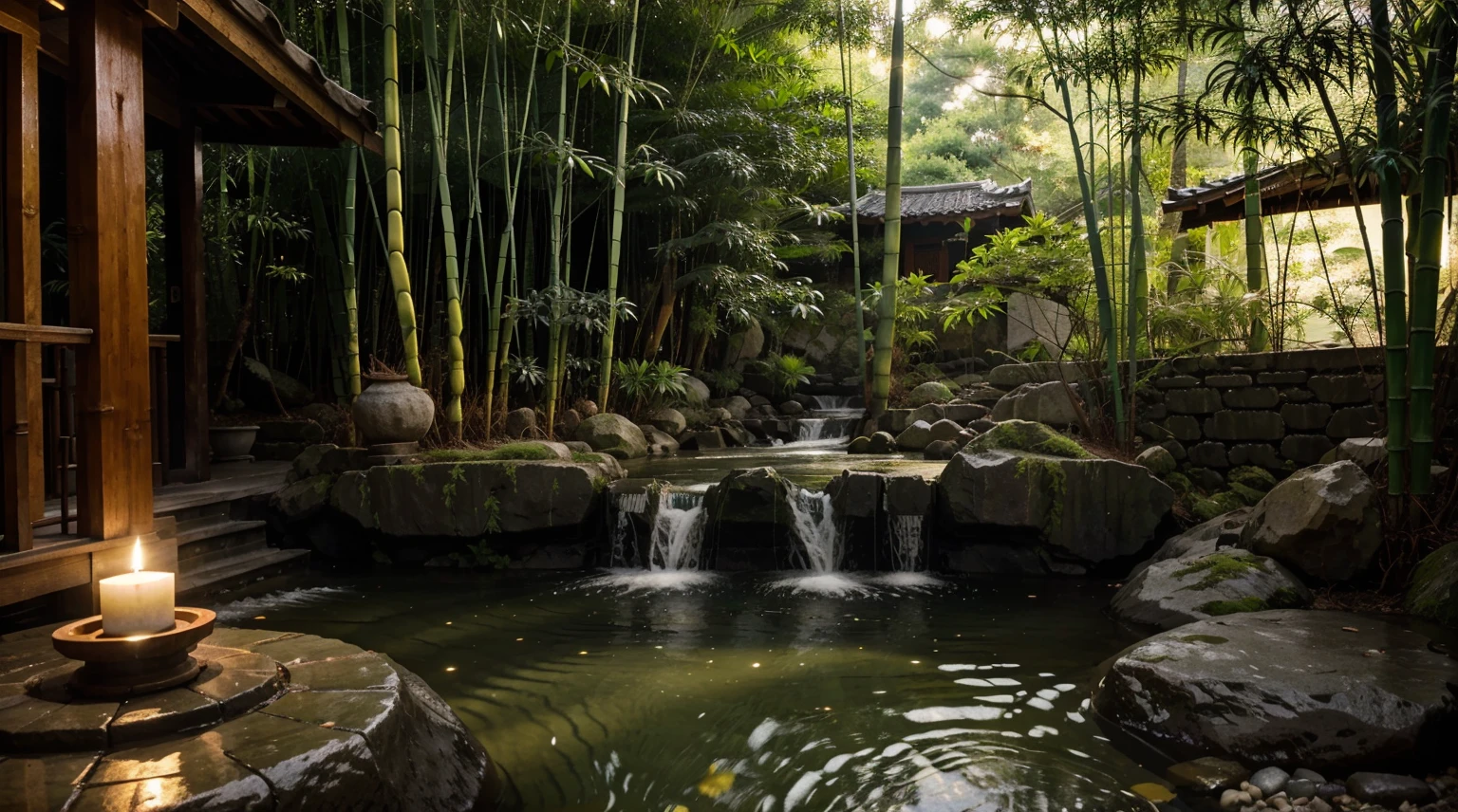Water flows at the end of the bamboo, the atmosphere is green, there are stones arranged, there are candles beside the stones,