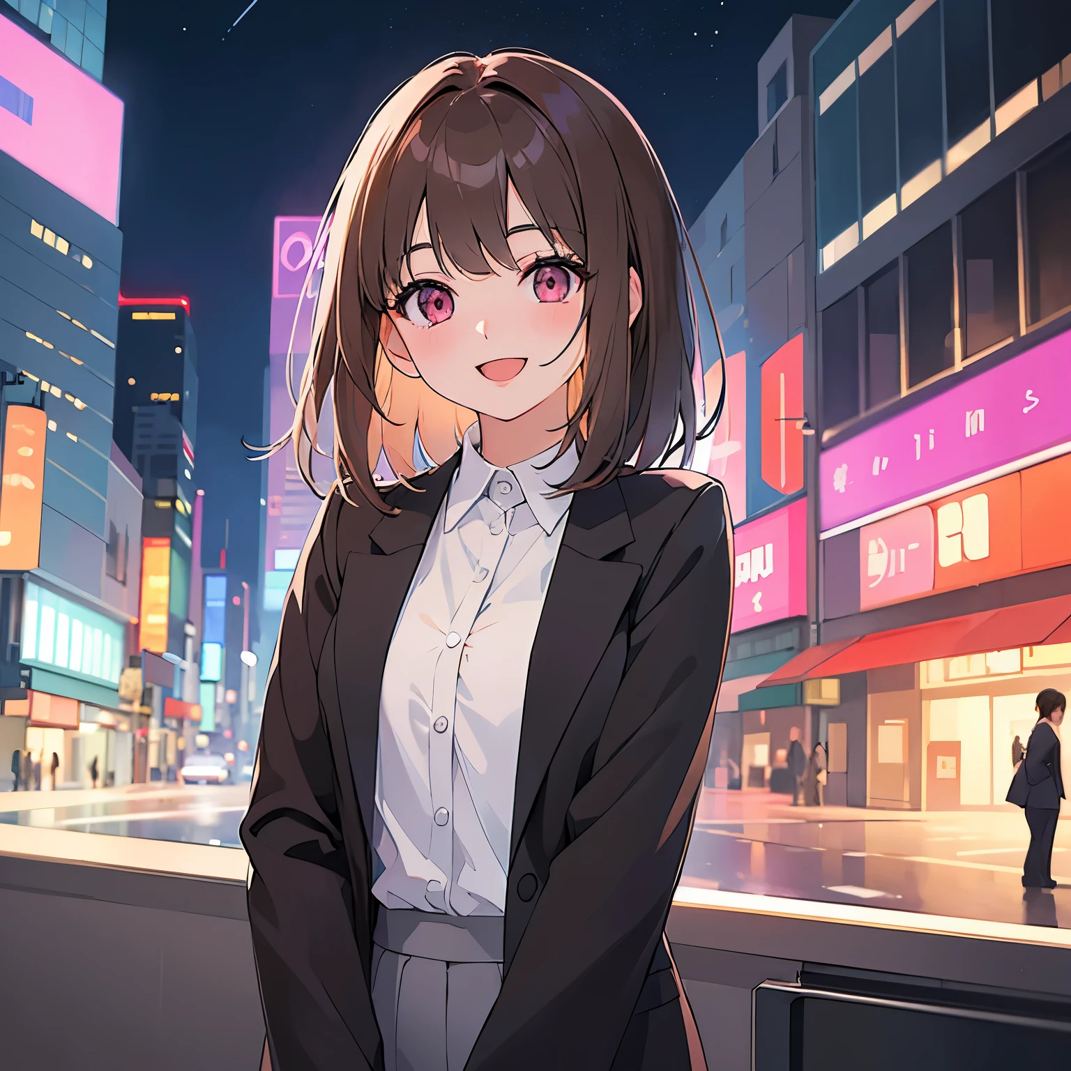 ​masterpiece、top-quality、 A 25-year-old woman with medium hair and pink eyes with brown bangs.、Wearing a gray suit、white  shirt、(smile:1.3)、open mouth, is standing、background is city at night、Bold composition、Upper body is shown、Alone、