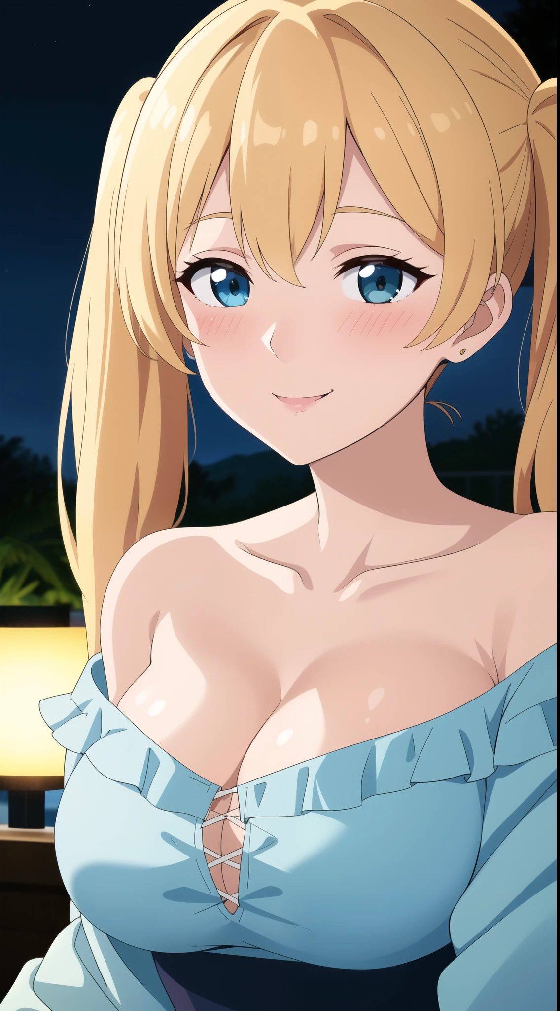 (best quality:1.5, highres, UHD, 4K, detailed lighting, shaders, perfect hand anatomy), blonde twintails, large breasts, off shoulder frilly shirt, cleavage, shoulders, smiling, close shot, pov, blushing:1.3, night background