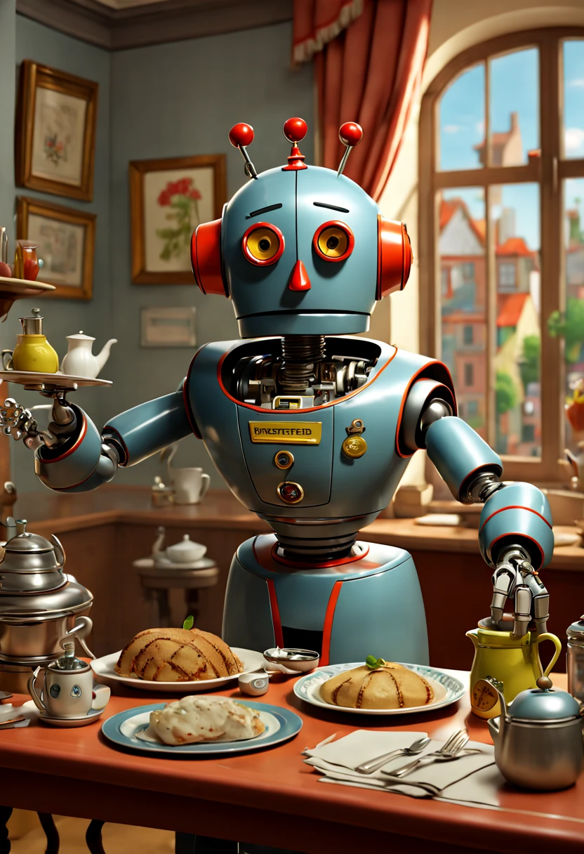 a Robot butler, European style, by Richard Scarry, enhance, intricate, (best quality, masterpiece, Representative work, official art, Professional, unity 8k wallpaper:1.3)