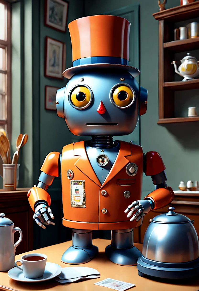 a Robot butler, European style, by Richard Scarry, enhance, intricate, (best quality, masterpiece, Representative work, official art, Professional, unity 8k wallpaper:1.3)