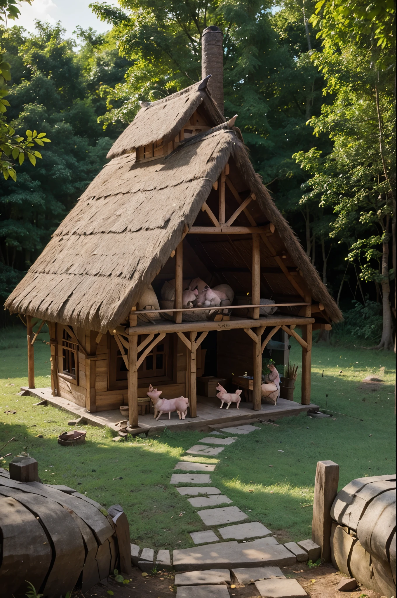 Create an illustration for the tale of the three little pigs, who live in the forest and build a house with a thatched roof
