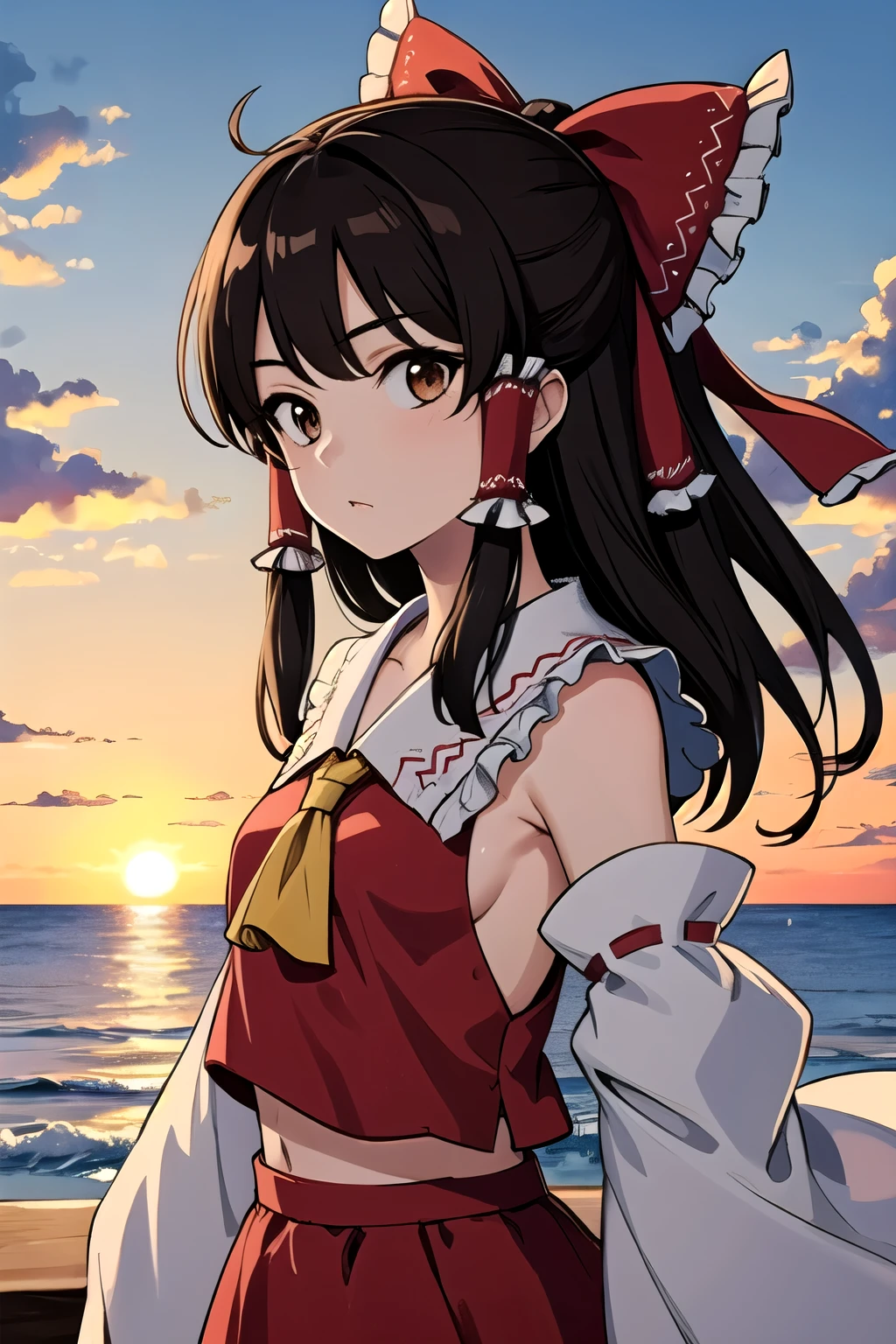 detailed background, masterpiece, best quality, 1girl, hakurei reimu, brown hair, hair tubes, hair ribbon, brown eyes, sunset, touhou project, sea, cloudy