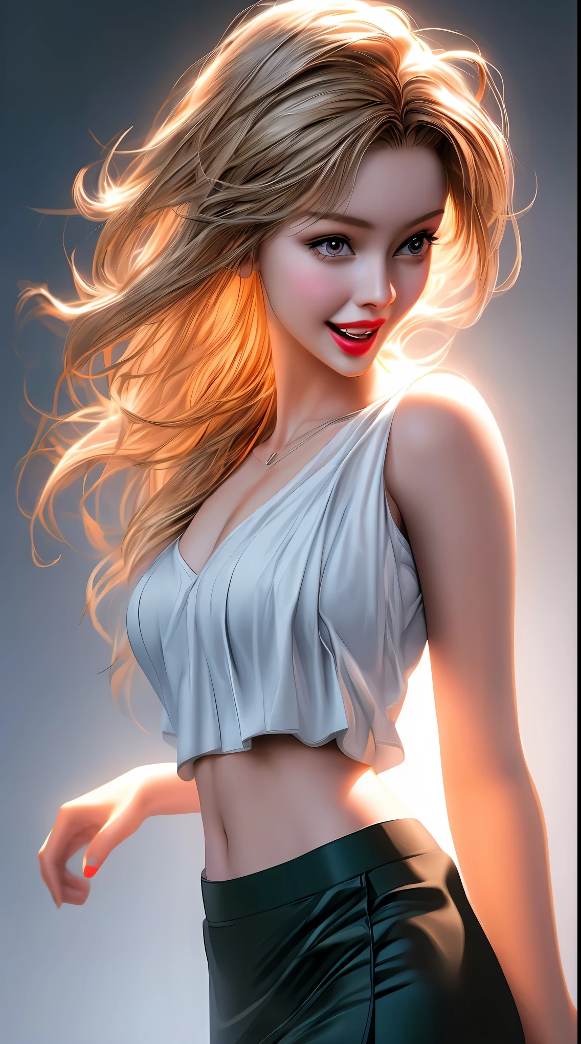 a woman with long blonde hair wearing a red skirt and black top,big laughter, trending on artstration, beautiful digital artwork, stunning art style, beautiful artwork, high quality portrait, high quality digital painting, black art, stunning artwork, realistic digital art 4 k, realistic digital art 4k, girl fanart, gorgeous art, realistic artstyle, high quality 16k digital art
