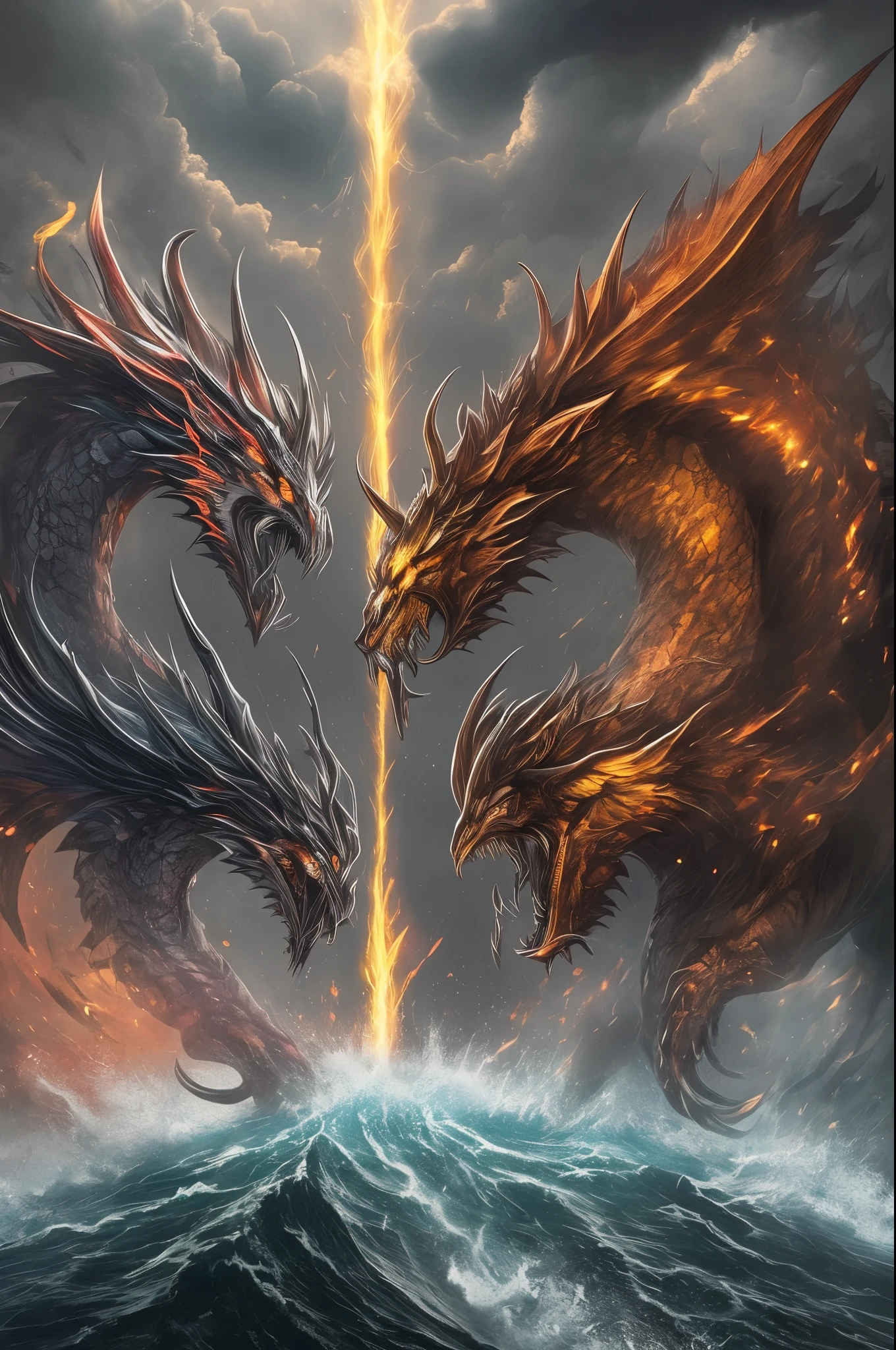 HD photograp of fight between unicorn and Chinese dragon between hell and Haven at border line. Red, blue, and thunder background** --auto --s2
