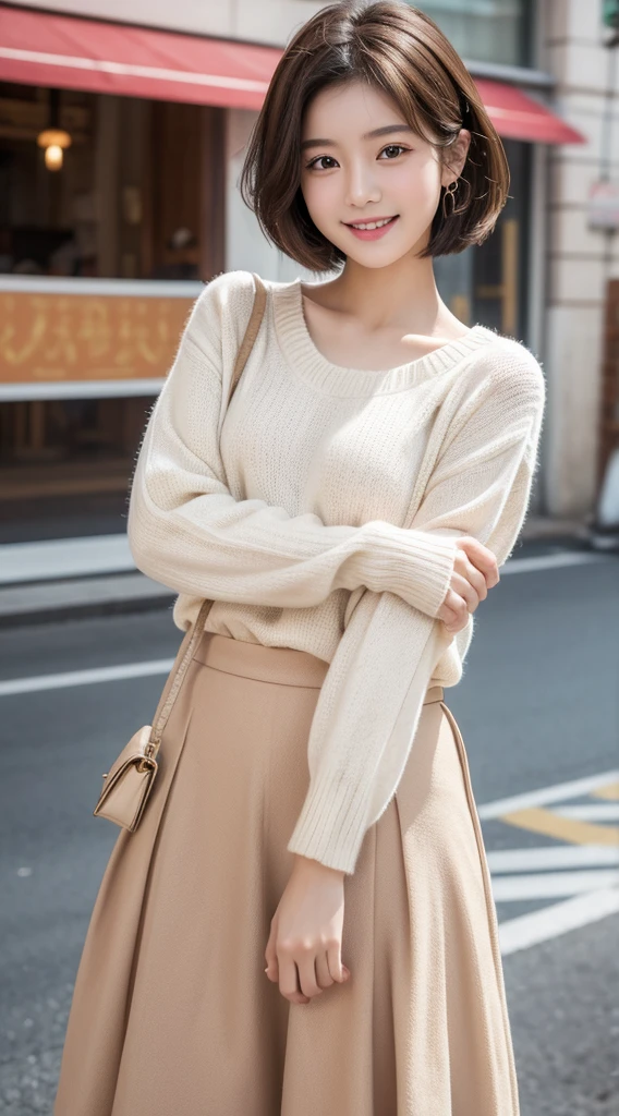 quality、image quality、8K分辨率、cute women,chineseidol,15year old,with perfect style、combed brown hair,Short hair detailclusive clothes、Light colored sweaters、the street、The smile is bright, Detailed faces, 詳細な目,