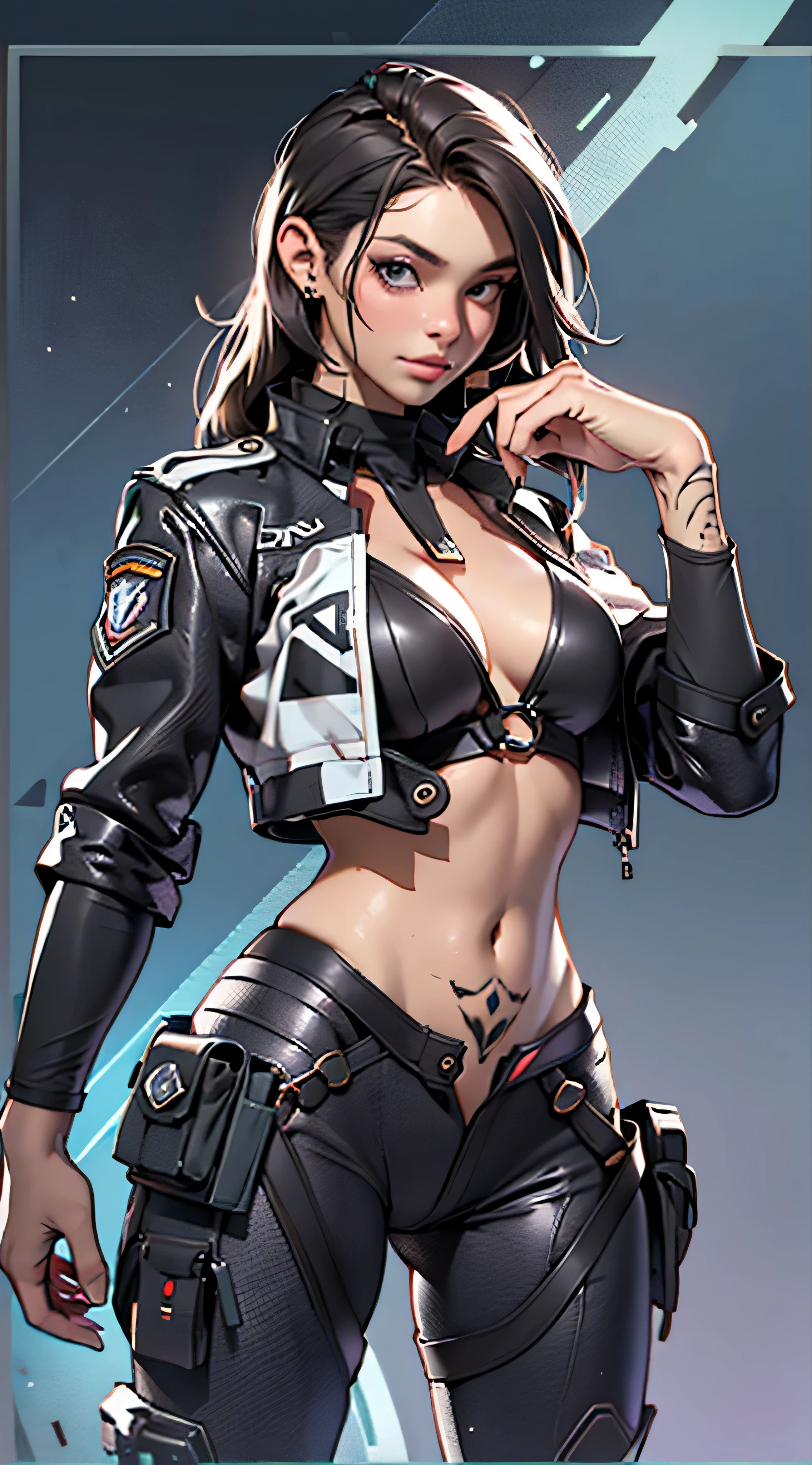 11:23(((Best quality at best: 1.4))),(Unbeatable masterpiece), (hyper HD),(Hyper-realistic 8k CG)、(dark colored hair) ((( body))), (((1 girl in))), 25-year-old American soldier with perfect body,,Beautiful and well-groomed face,muscular body:1.2,Solid royal blue jacket with details, (Pictures from head to thighs), Complex equipment, royal blue,long trousers,The clothes inside are dark,Clothes with armored metal electronic parts, Poison tattoos )