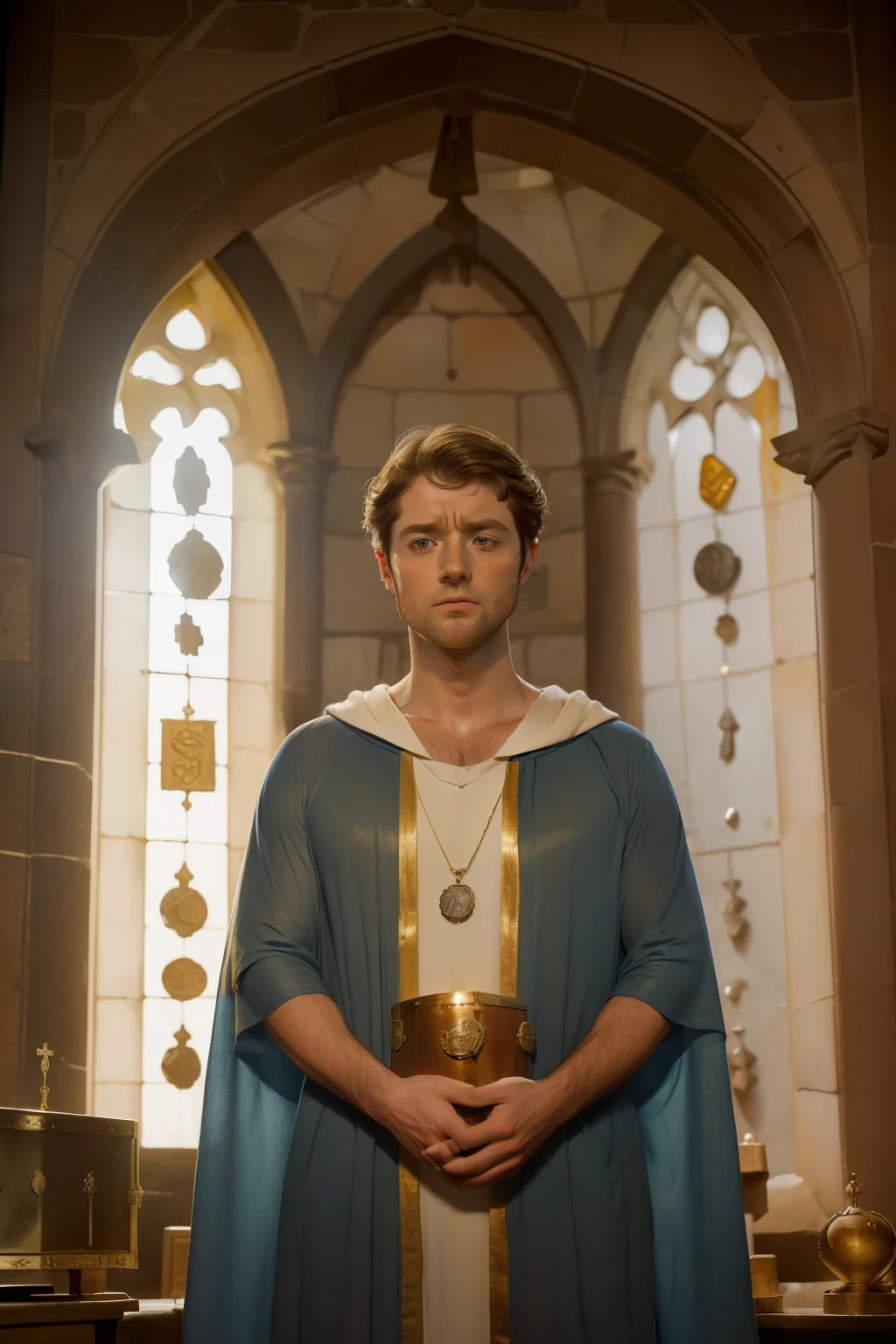 1144, Cherbourg, France. Otherworldly scene in a medieval stone church, ((((35-year-old)) Richard Rankin)), monk, in front of a ((treasure chest full of coins)), ((angry expression, frowning)), ((((plain tunic gown from the 12th century)))), ((Hairstyle of the 12th century)), ((Wes Anderson cinematic style)), colorful