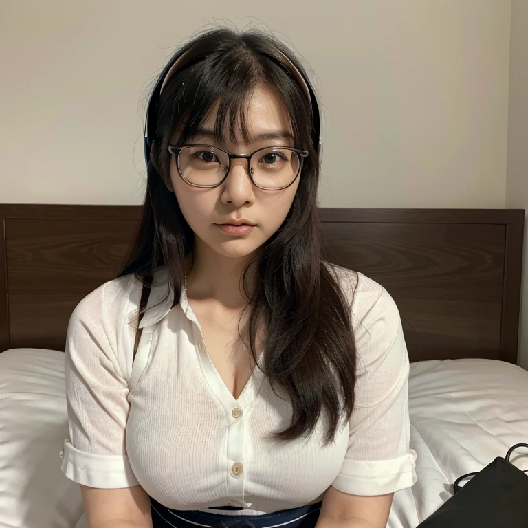 Korean Asian woman wearing glasses and headphones sitting on bed, with glasses, korean girl, thick glasses, age is 18 years old, 2 2 years old, thicc, 21 years old, beautiful asian girl, asian girl, young and cute girl, with glasses on, spectacled, cutecore, Large glasses, The cute catgirl is so pretty.,maid outfit,