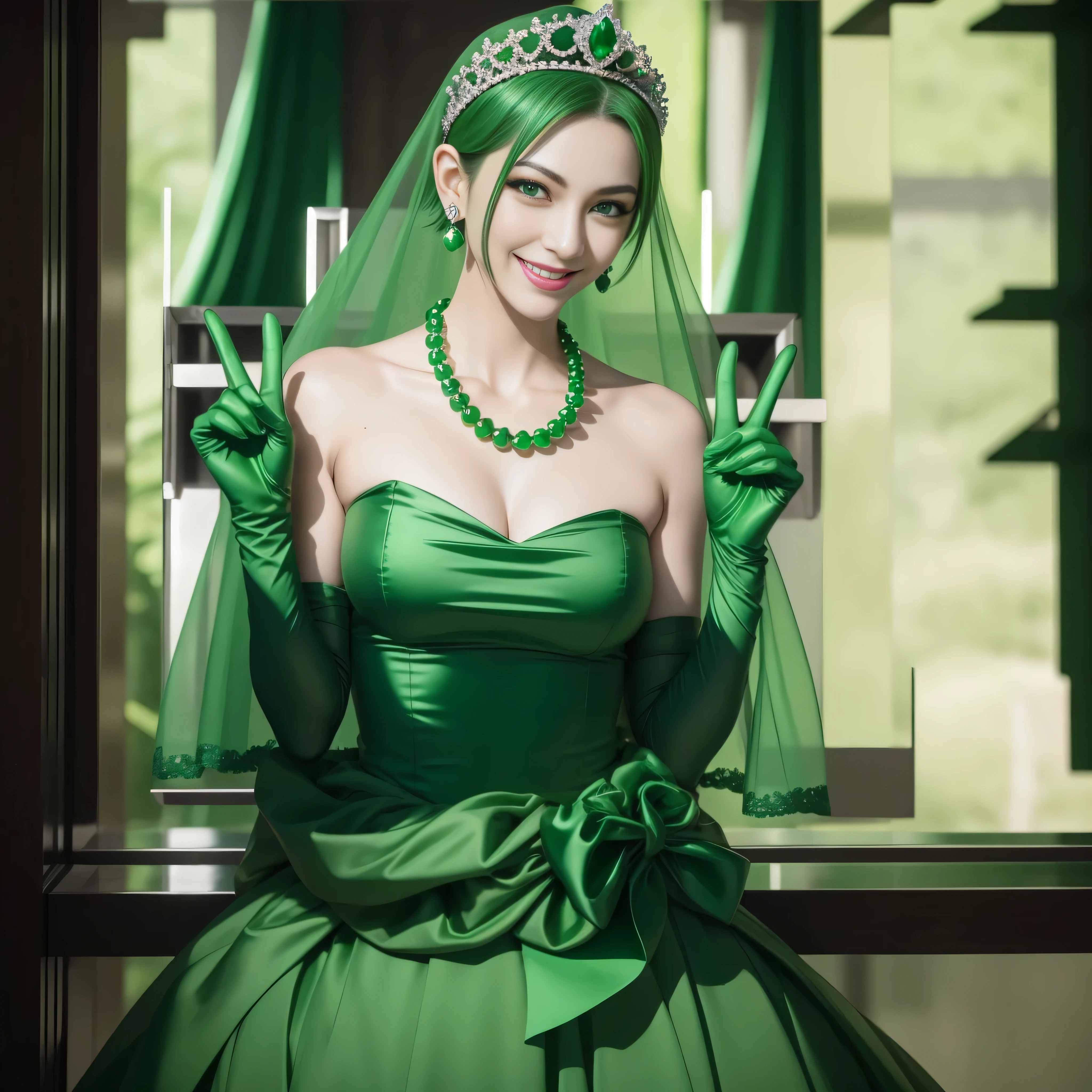 emerald tiara, Green Pearl Necklace, Boyish very short green hair, lipsticks, Japan woman smiling, very short short hair, big breasts beautiful, Green eyes, Long green gloves made of satin material, Green eyes, Emerald Earrings, green vale, v sign