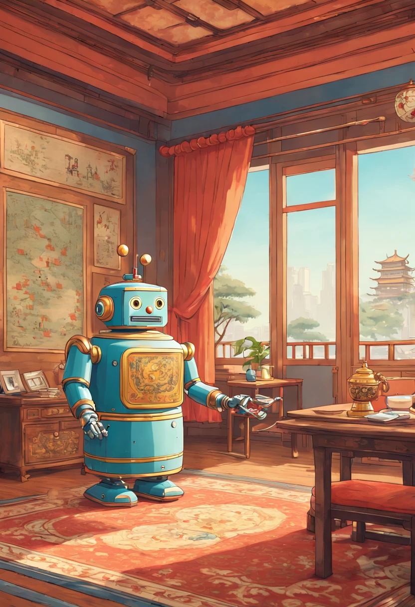 a Robot butler, tailcoat, working, by Richard Scarry, enhance, intricate, (best quality, masterpiece, Representative work, official art, Professional, unity 8k wallpaper:1.3)
