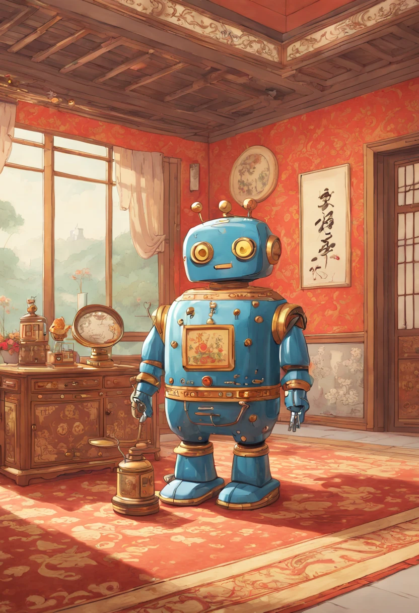 Robot butler, chinese style room, by Richard Scarry, enhance, intricate, (best quality, masterpiece, Representative work, official art, Professional, unity 8k wallpaper:1.3)