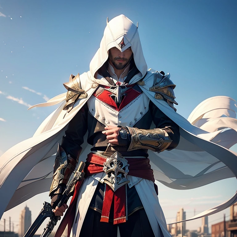 White hood,male people,hidden blade,Eagle beak hood,armor,White cloak,assassins creed,sci-fy