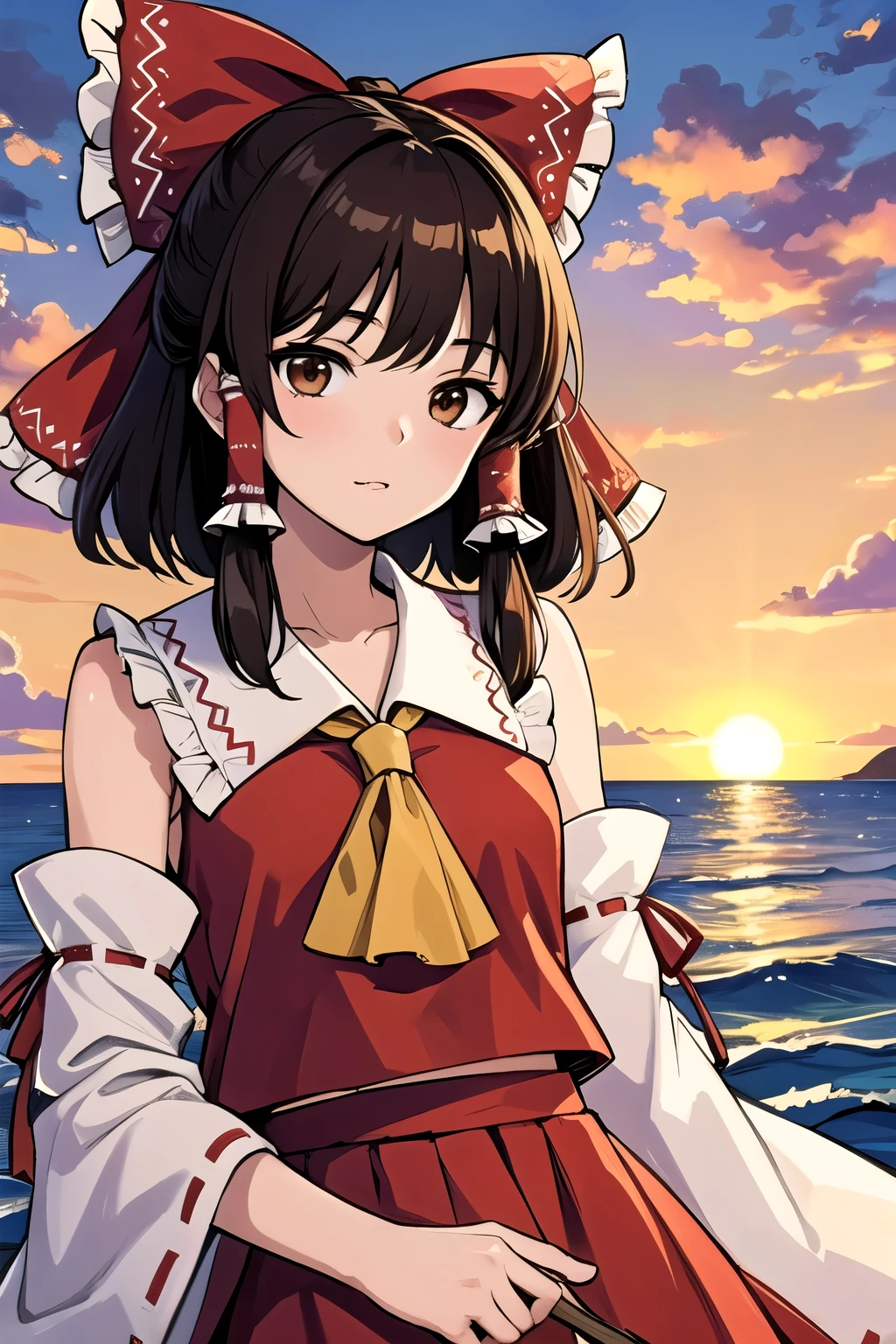 detailed background, masterpiece, best quality, 1girl, hakurei reimu, brown hair, hair tubes, hair ribbon, brown eyes, sunset, touhou project, sea, cloudy