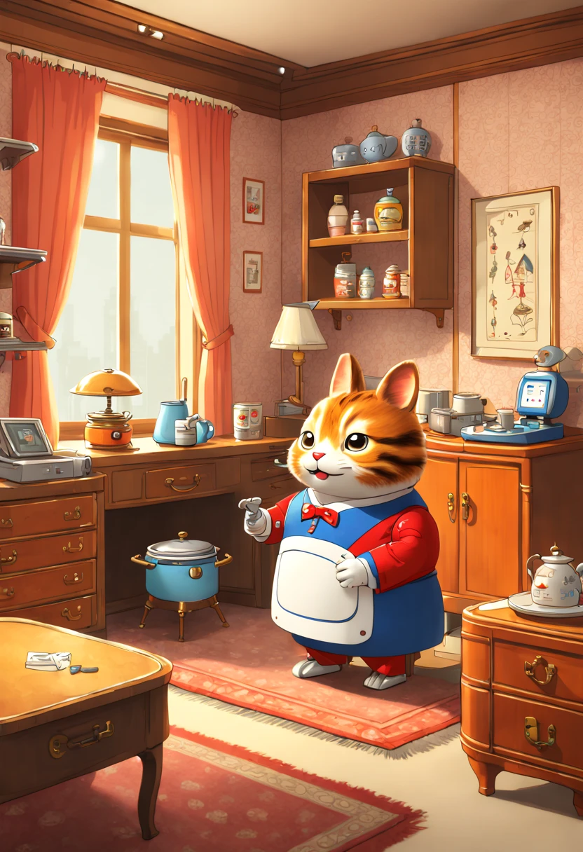Robot butler, Korean style room, by Richard Scarry, enhance, intricate, (best quality, masterpiece, Representative work, official art, Professional, unity 8k wallpaper:1.3)
