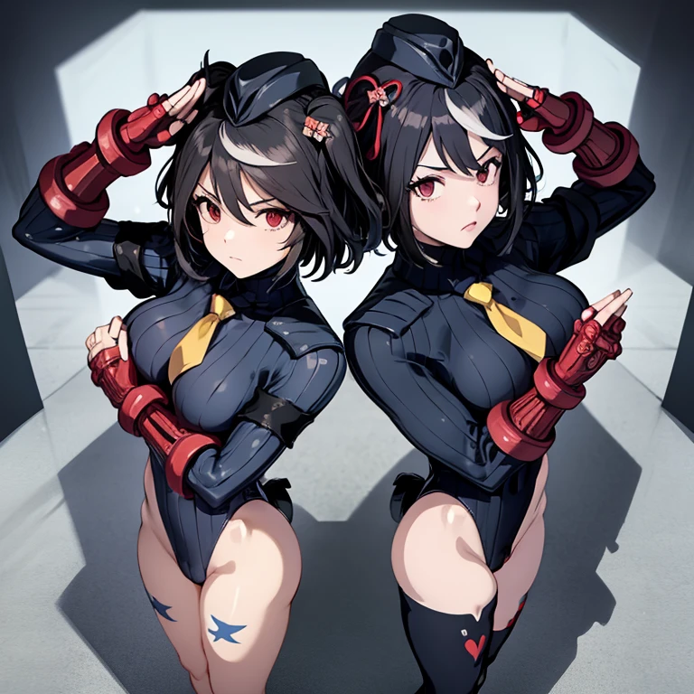ultra-detailed, Explicit, Beautiful body, Beautiful Nose, Beautiful character design, perfect eyes, perfect face, ultra highres, 4K, beautiful legs, perfect legs, Nice hands, Perfect hand, Masterpiece, Best Quality, Highly detailed, illustration, absurdres, street fighter, doll suit, shadaloo doll, dollsuit, expressionless, blank eyes, looking at viewer, red gloves, emotionless, black latex, corrution, mind control, female combatant, full body, hypnotized, unhappy trance, full body suit, ribbed bodysuit, both arms at side, obey, perfect female body, extremely glossy latex, hypnosis, hypnoLora, empty eyes, Mind control device, poses, submissive_pose, Slave, hat, necktie, stand up straight, standing, standing at attention, hat, necktie, belt, latex, ribbed bodysuit, thighhighs, garter belt, Fighting Stance, extending the right arm from the shoulder into the air with a straightened hand, nazi saluting, military, military saluting, salute, thigh boots, 1girl, Kitasan Black, Umamusume, black hair, animal ears, hose ears, red eyes, black hair, medium hair