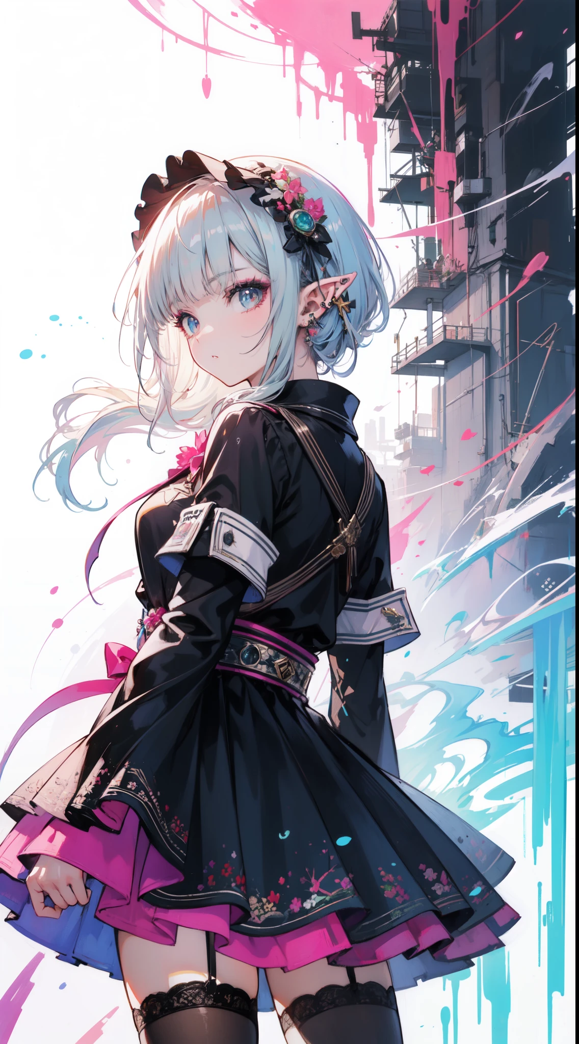(masterpiece, top quality, best quality, official art, beautiful and aesthetic:1.2), ((elf)), ((1girl)), extreme detailed,(fractal art:1.3),colorful,highest detailed, portrait, from behind,  art by Artgerm, by wadim kashin, by Kawacy, by Yoshitaka Amano, BREAK, (elf), (1girl), solo, perfect face, details eye, Blunt bangs, (hair between eye), eyelashes, eyeshadow, pink eyeshadow, BREAK, corsages, jirai kei, (jirai kei fashion:1.1), Frills, Skirts, Various accessories, (ear piercing), punky style, Japanese subculture, fashion, Stockings, colorful, (Dark circles:1.2),