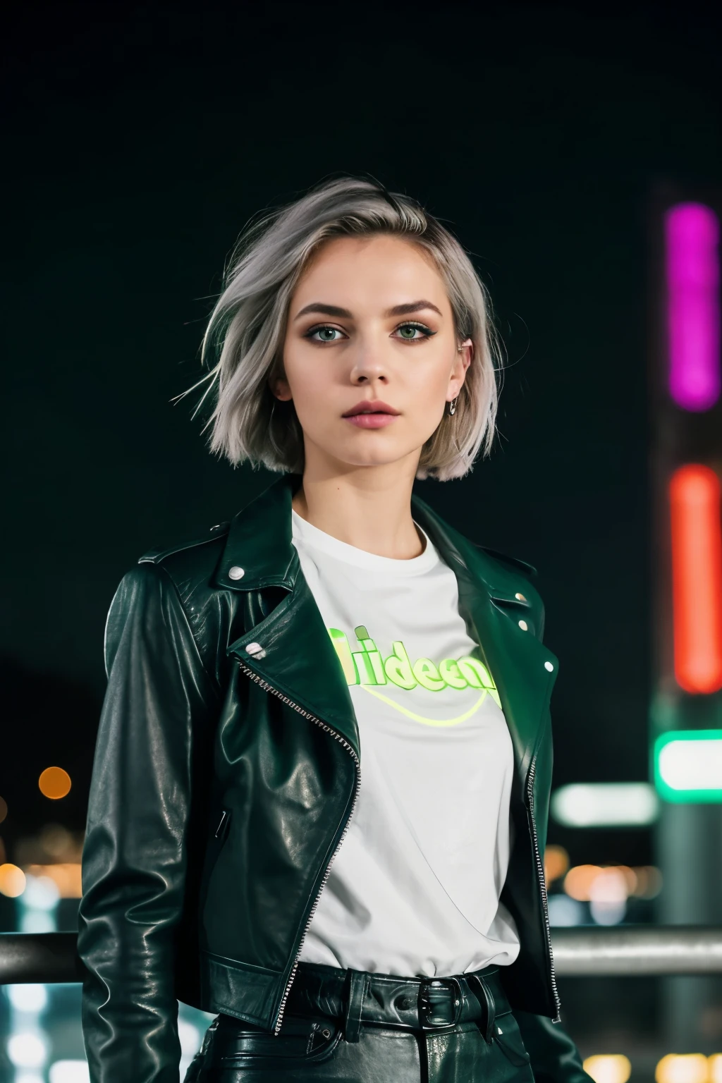 1girl, (Masterpiece), (beste-Qualit), (side glance), (dramatic light), (ciberpunk),( light grey hair, Sidelock haircut),the night, Sateen, (Green eyes, Black mascara & eyeshadows ), (leather jacket), (leather pants), (white tshirt) ,Standing, (looking to the sky), (neon lights), city building as background