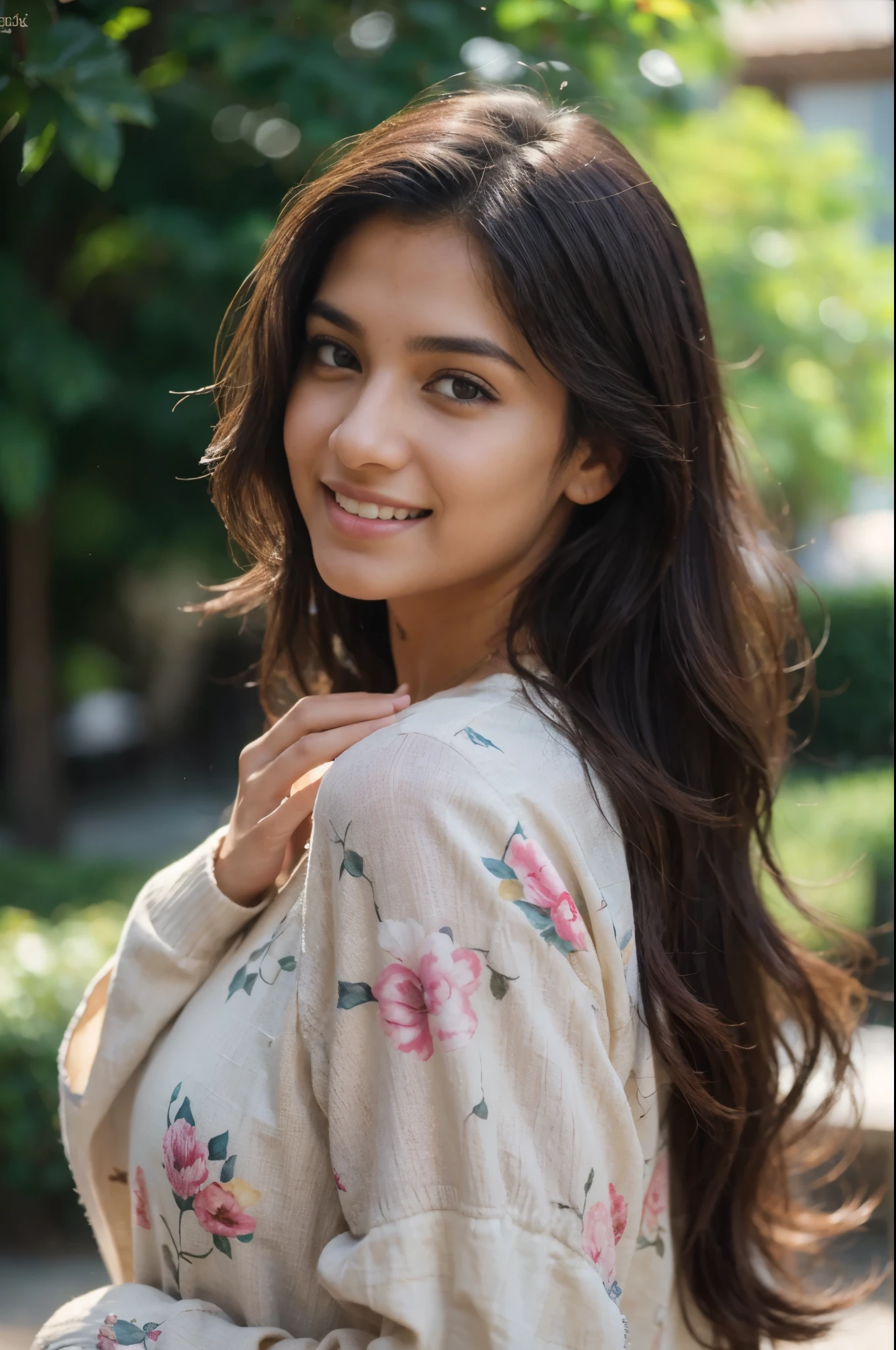 Beautiful ,23 years young Indian girl healthy, confidential looking,8k,realistic, raw photo,dark brown hair,fair skin, indian,long hair,clear facial features,, very detailed, 23years old, innocent face, natural wavy hair, high resolution, masterpiece, best quality, intricate details, highly detailed, sharp focus, detailed skin, realistic skin texture, texture, detailed eyes, professional, 4k, charming smile, shot on Canon, 85mm, shallow depth of field, kodak vision color, perfect fit body, extremely detailed, foto_\(ultra\), photorealistic, realistic, post-processing, maximum detail, roughness, real life, ultra realistic, photorealism, photography, 8k uhd, photography wearing Printed kurta, flour patchwork jumper jacket, walking|Joyful smile|Lush gardens