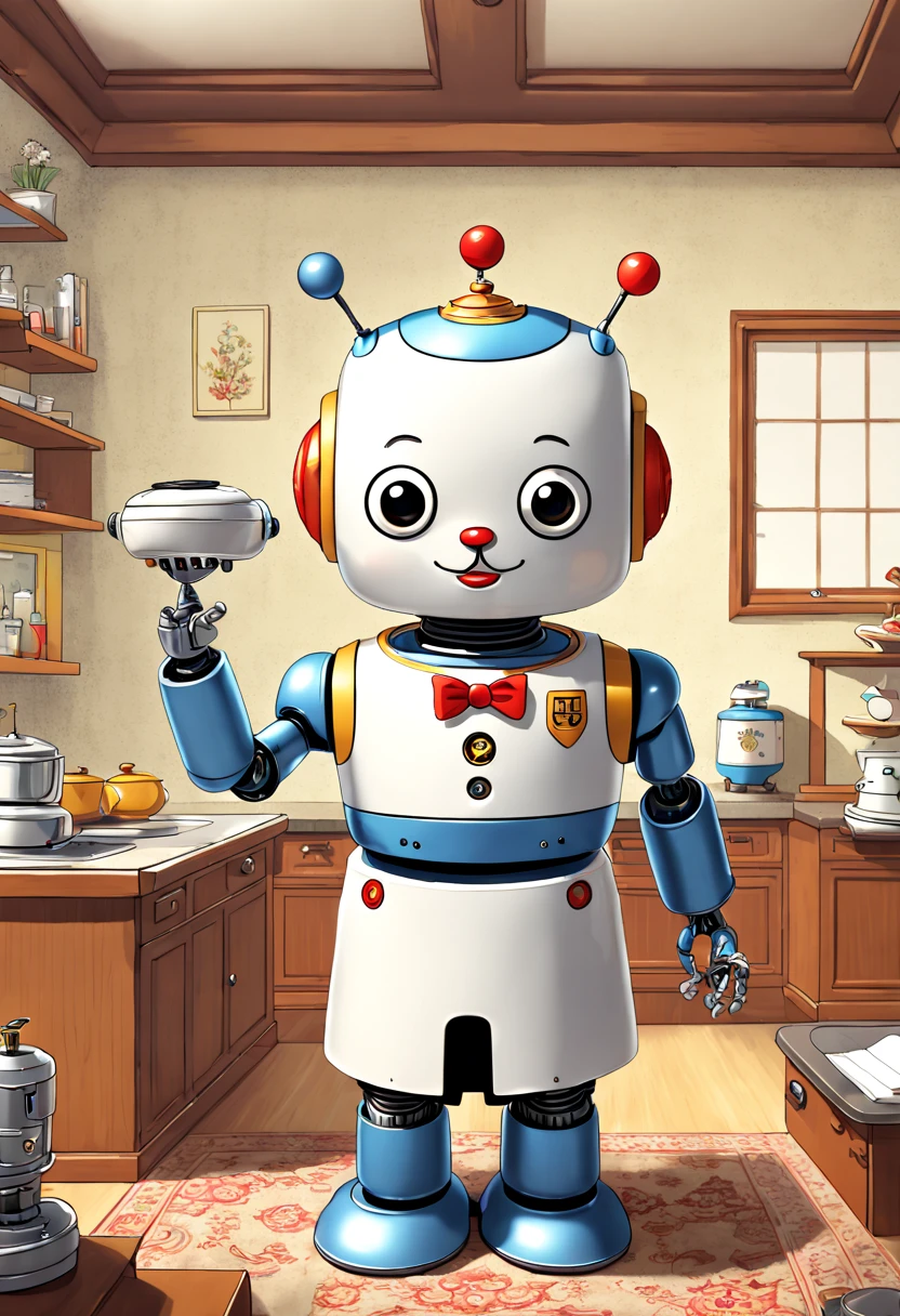 a Robot butler, tailcoat, working, by Richard Scarry, enhance, intricate, (best quality, masterpiece, Representative work, official art, Professional, unity 8k wallpaper:1.3)